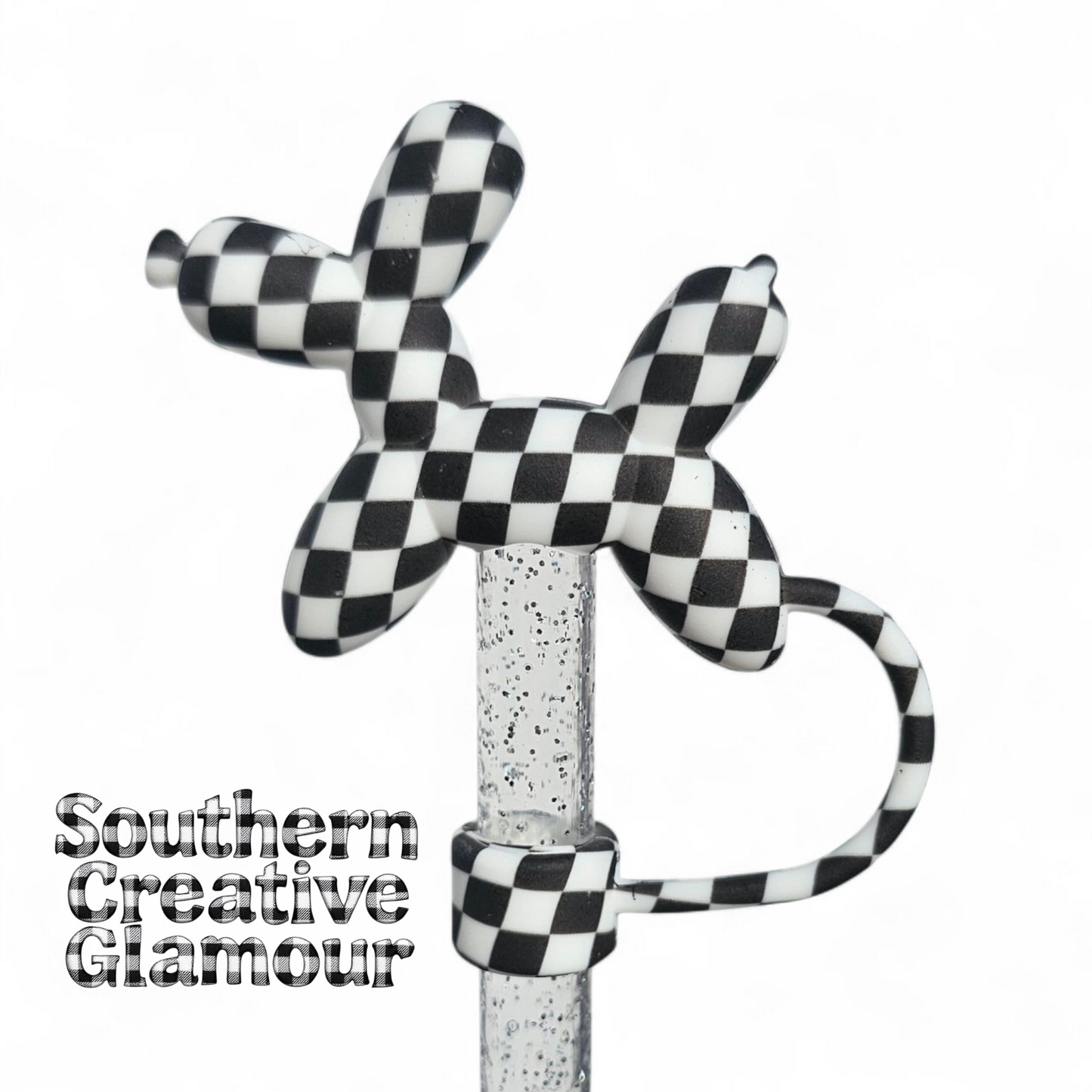 Black and White Galaxy Checkers Balloon Dog 10mm Straw Topper