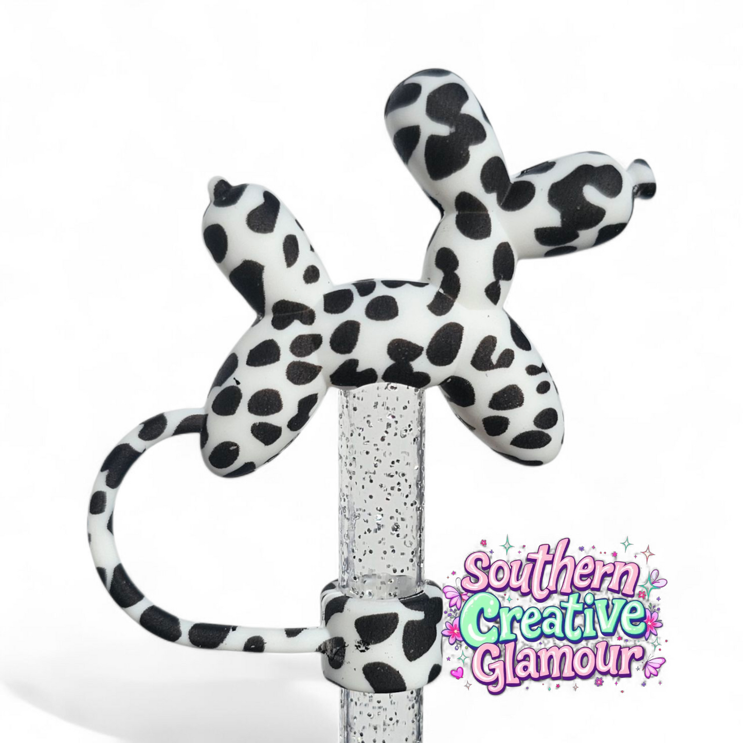 Black and White Cow Print Balloon Dog 10mm Straw Topper by Southern Creative Glamour 