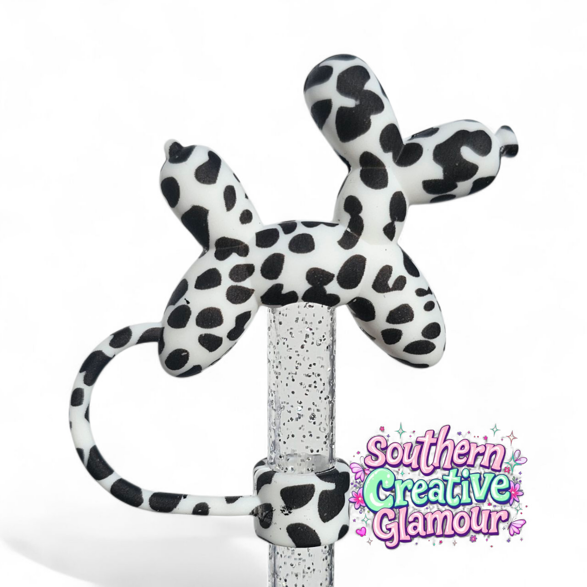 Black and White Cow Print Balloon Dog 10mm Straw Topper by Southern Creative Glamour 