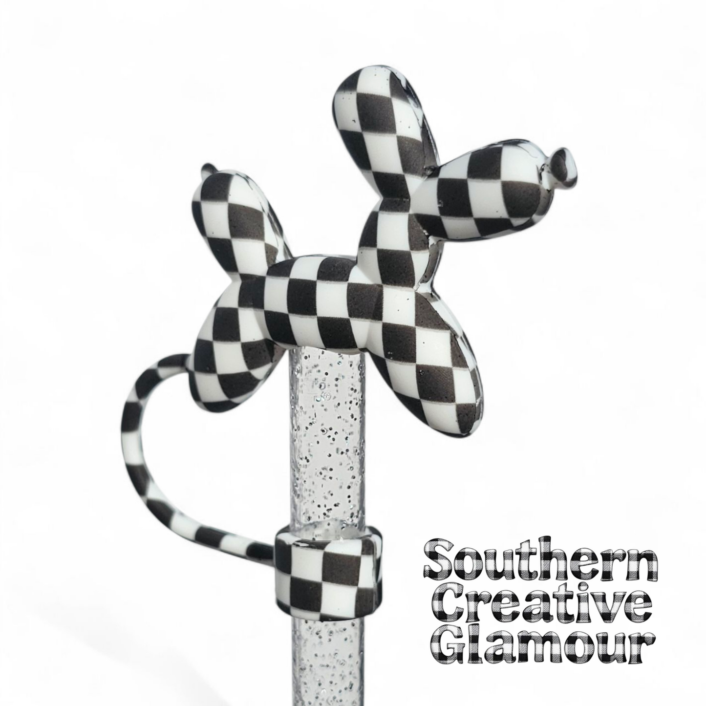 Black and White Galaxy Checkers Balloon Dog 10mm Straw Topper