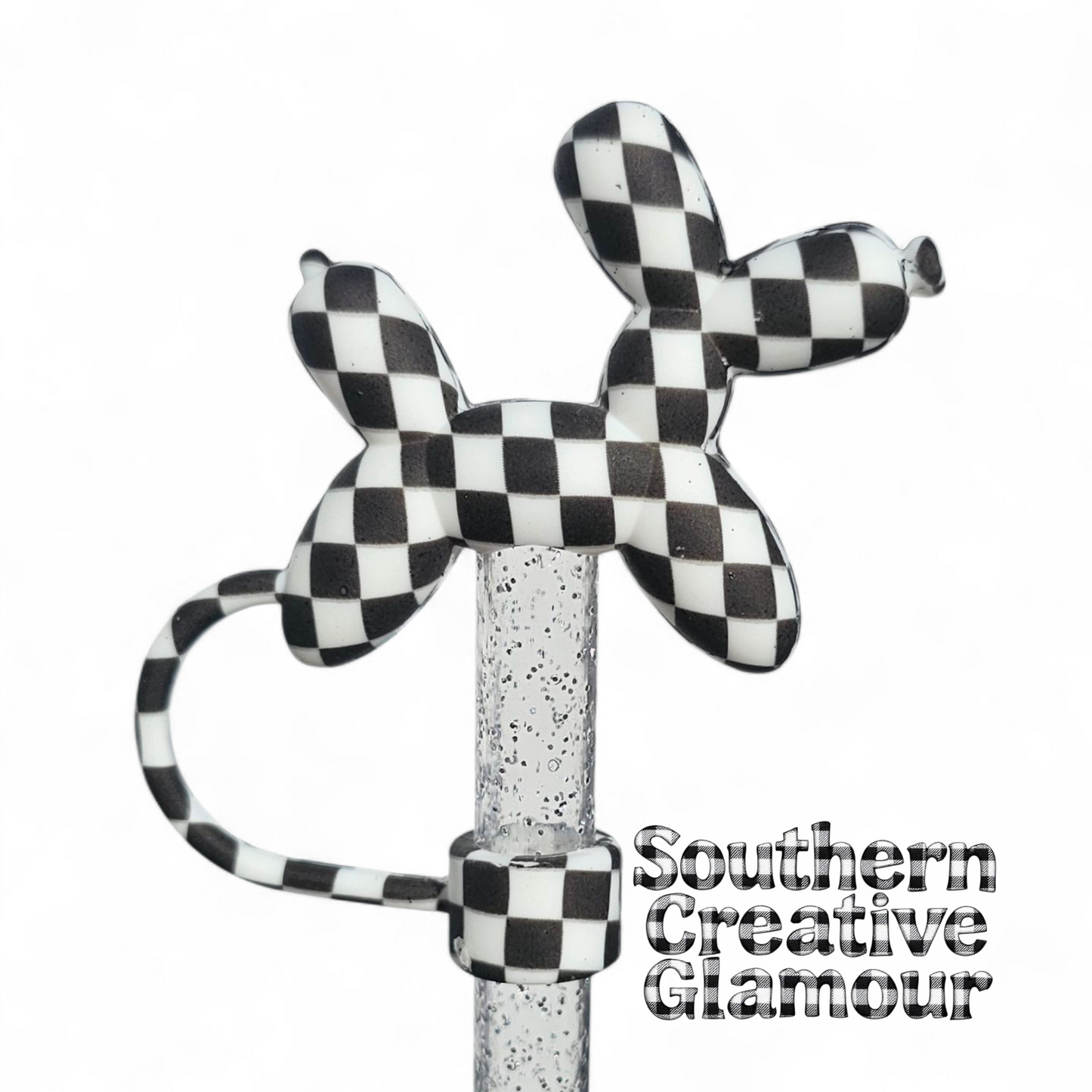 Black and White Galaxy Checkers Balloon Dog 10mm Straw Topper