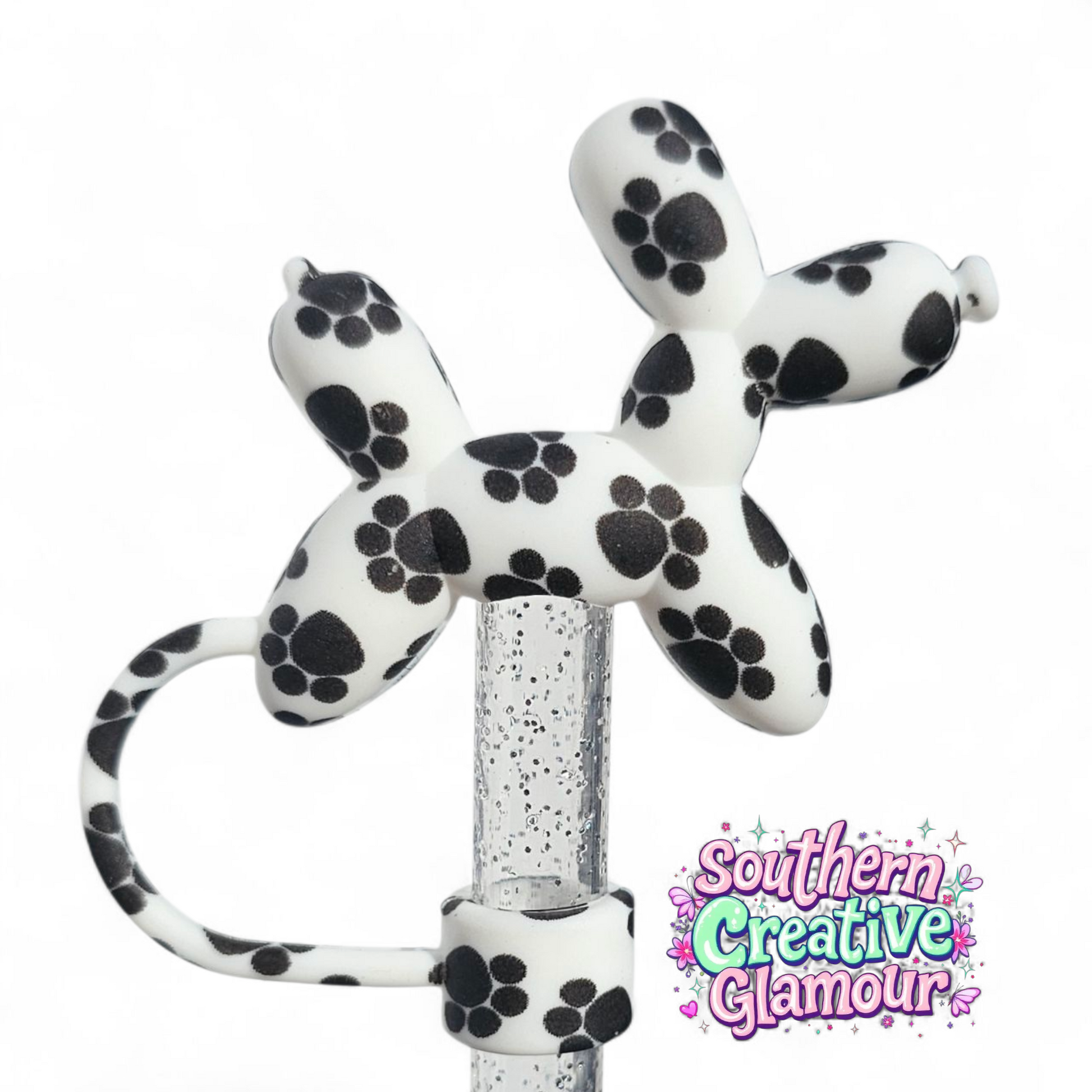 Black and White Paw Print 3D Balloon Dog Silicone 10mm Straw Topper by Southern Creative Glamour 