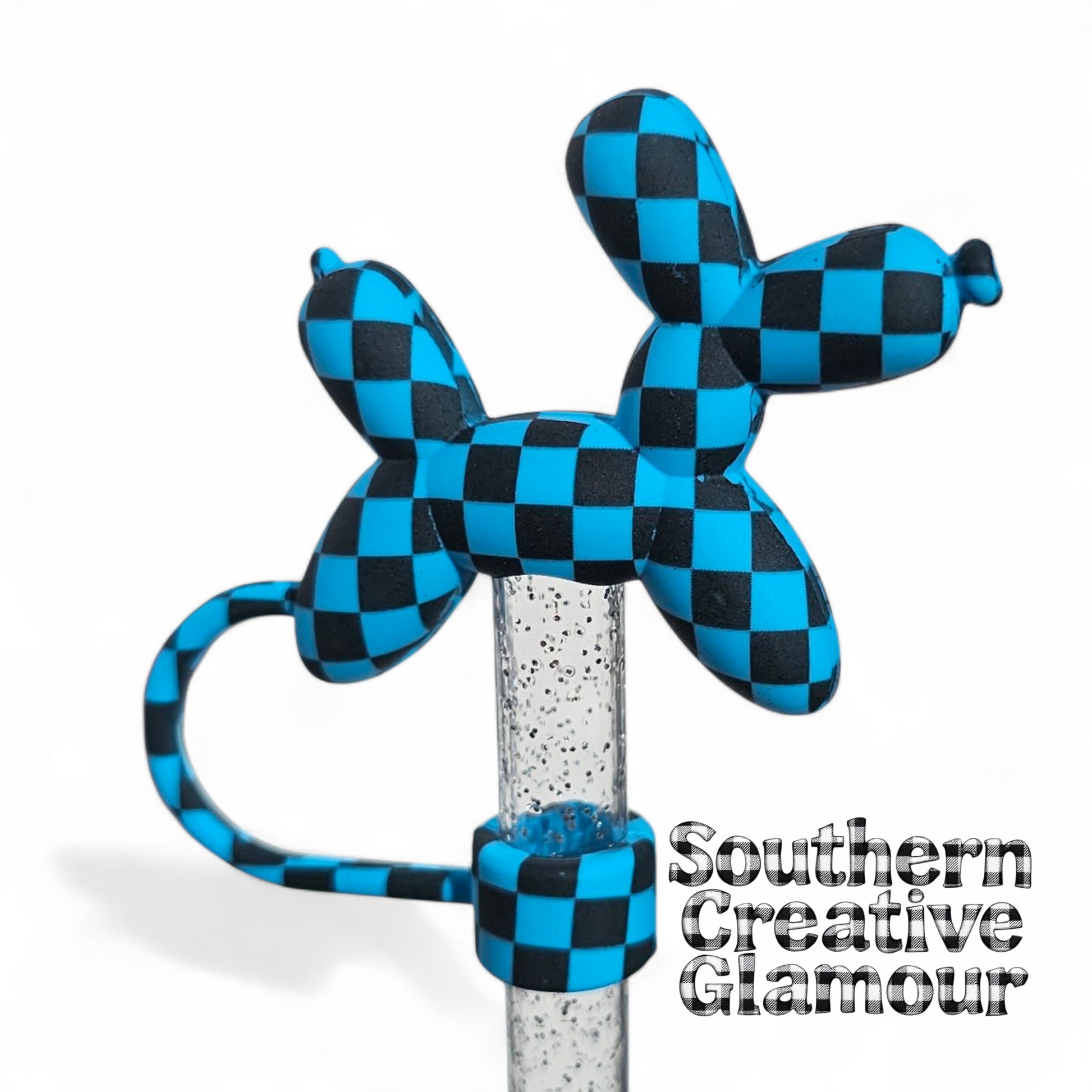 Blue and Black Galaxy Checkers Balloon Dog 10mm Straw Topper