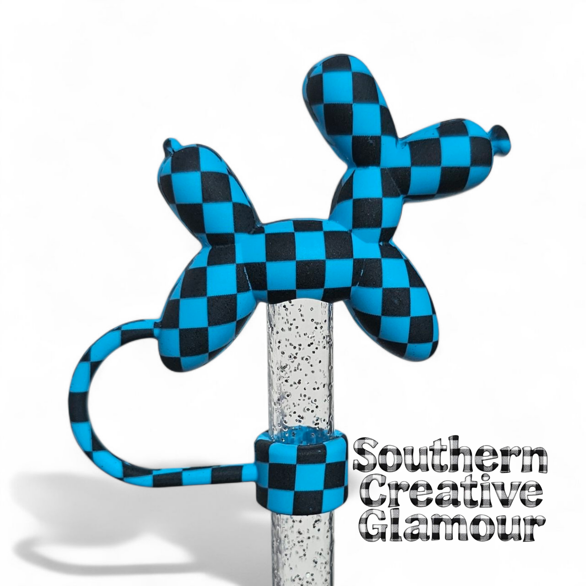 Blue and Black Galaxy Checkers Balloon Dog 10mm Straw Topper