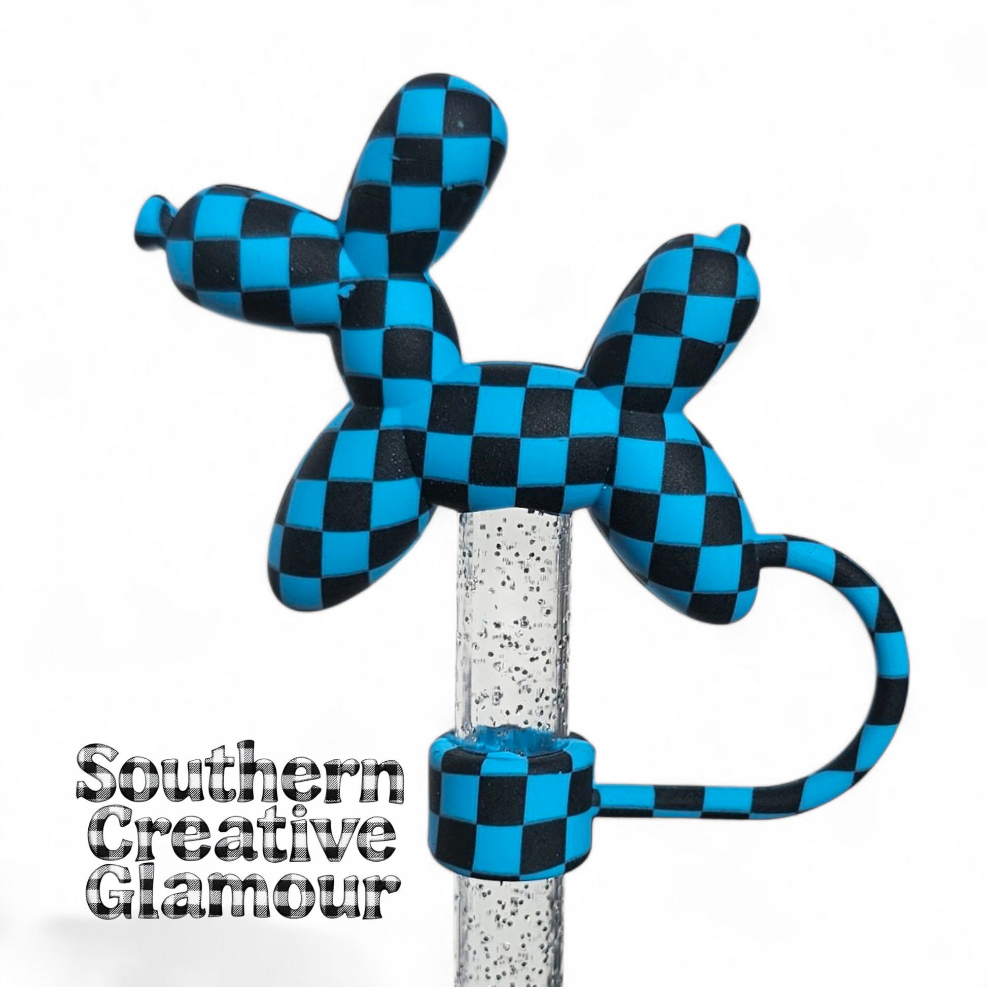 Blue and Black Galaxy Checkers Balloon Dog 10mm Straw Topper