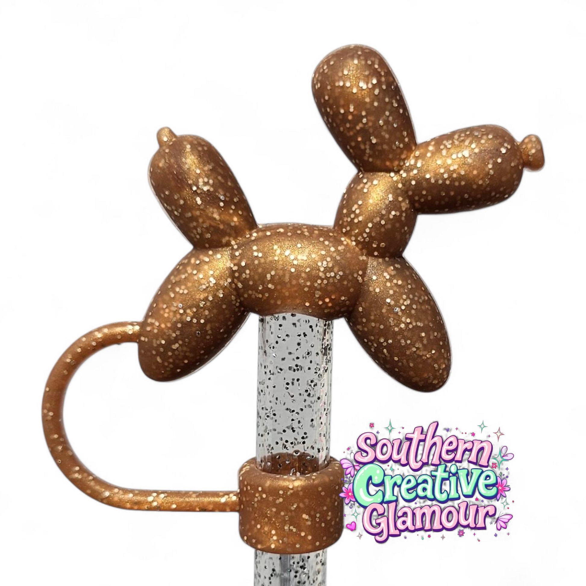 Bronze Glitter 3D Balloon Dog Silicone 10mm Straw Topper by Southern Creative Glamour 