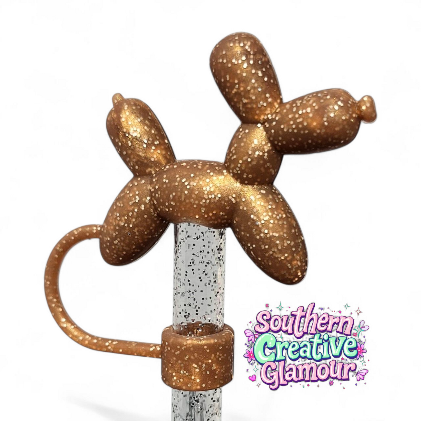 Bronze Glitter 3D Balloon Dog Silicone 10mm Straw Topper by Southern Creative Glamour 
