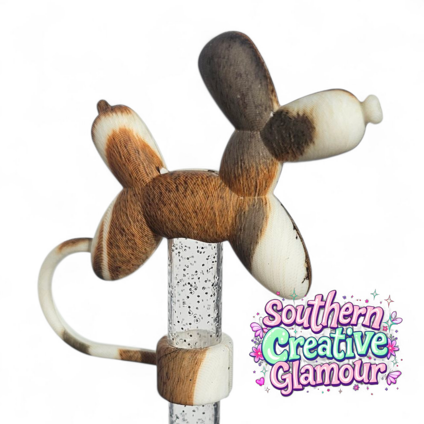 Brown and white cow print 3D Balloon Dogs 10mm Silicone Straw Topper by Southern Creative Glamour 