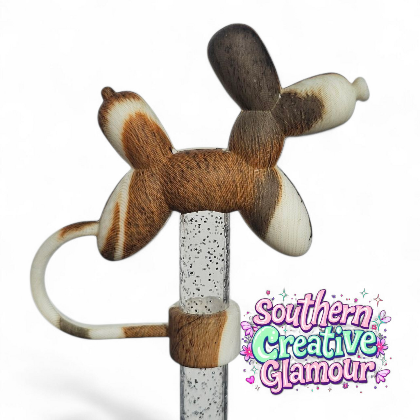 Brown and white cow print 3D Balloon Dogs 10mm Silicone Straw Topper by Southern Creative Glamour 