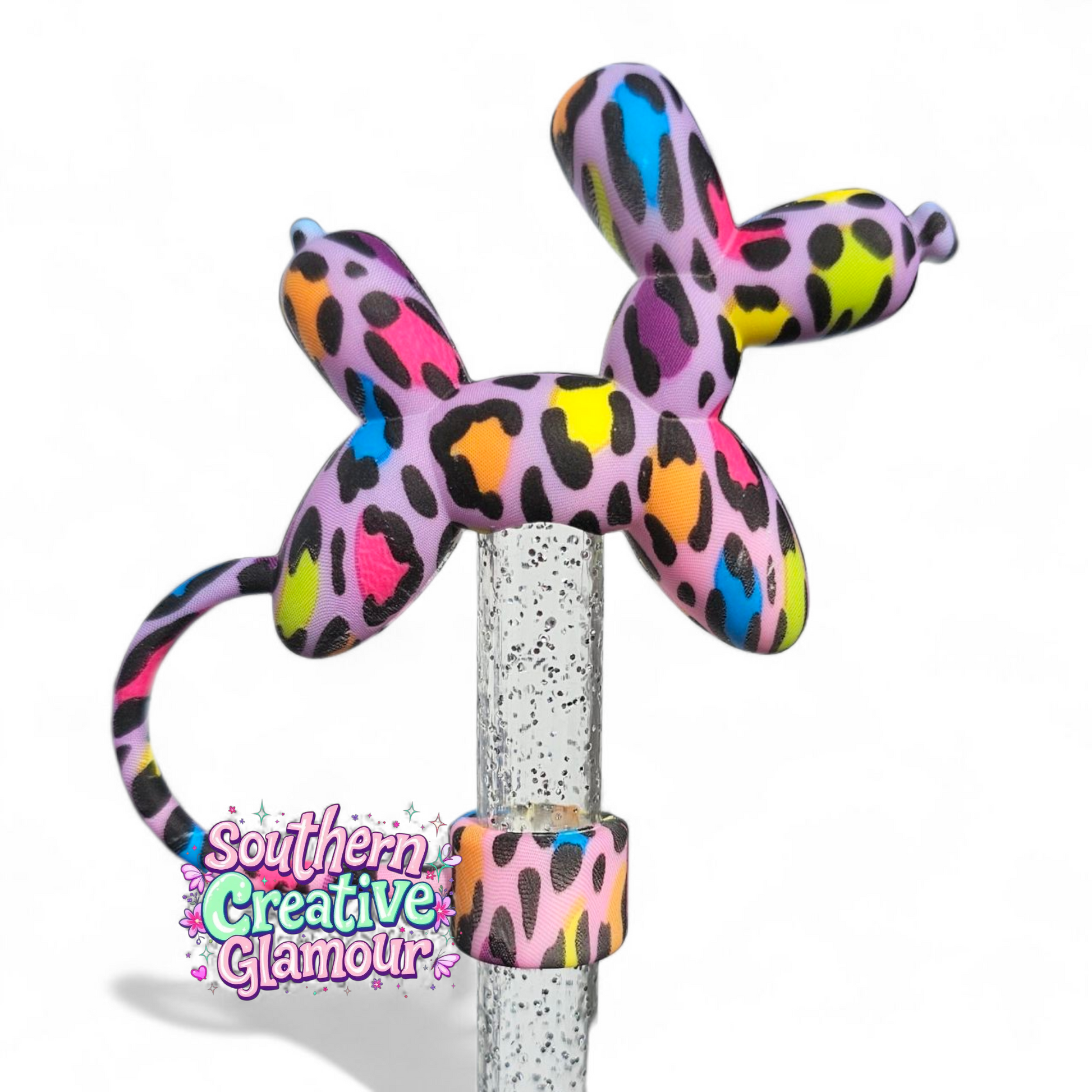 Rainbow Leopard 3D Balloon Dog Silicone 10mm Straw Topper by Southern Creative Glamour 