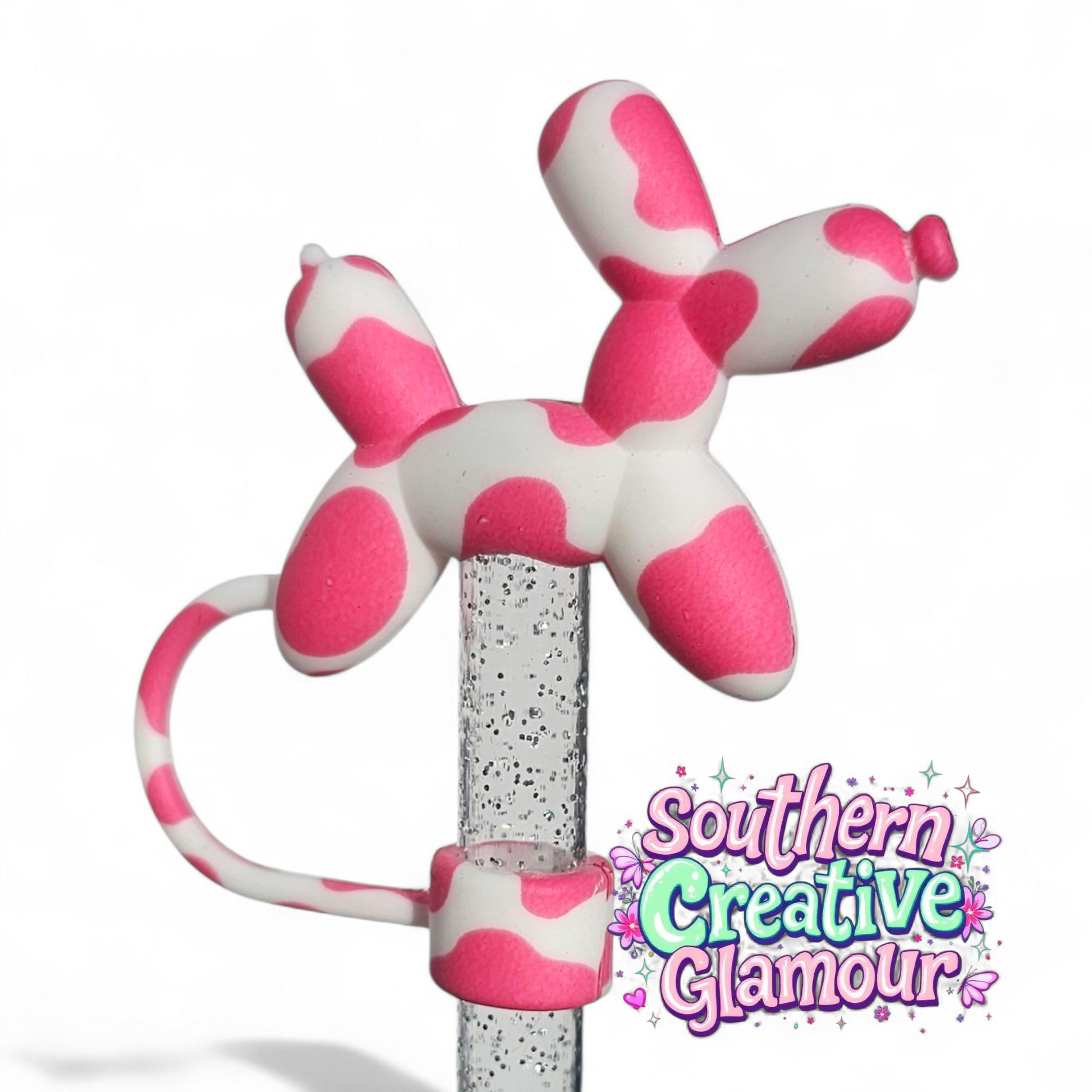 Pink Cow Print Balloon Dog 10mm Straw Topper by Southern Creative Glamour 
