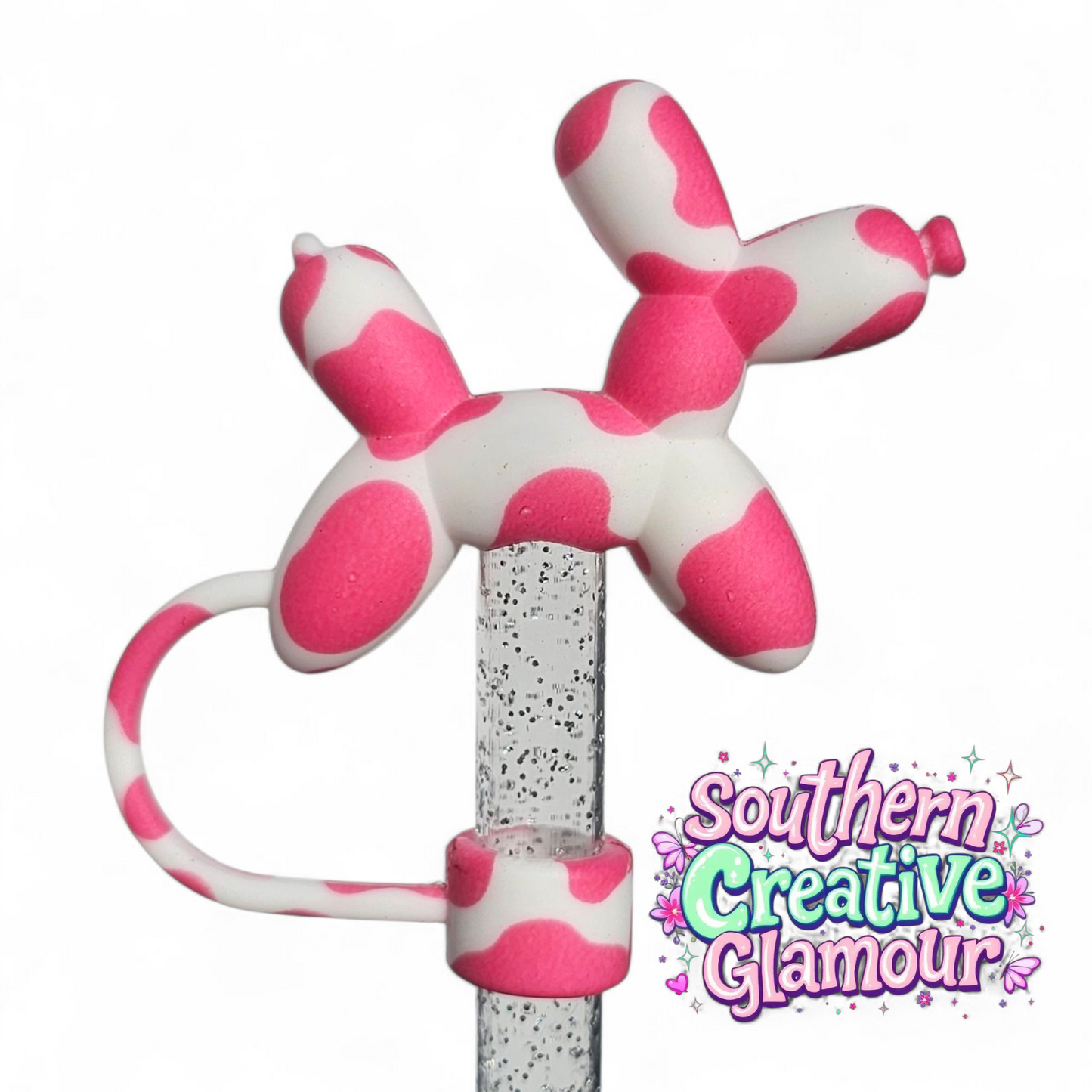 Pink Cow Print Balloon Dog 10mm Straw Topper by Southern Creative Glamour 