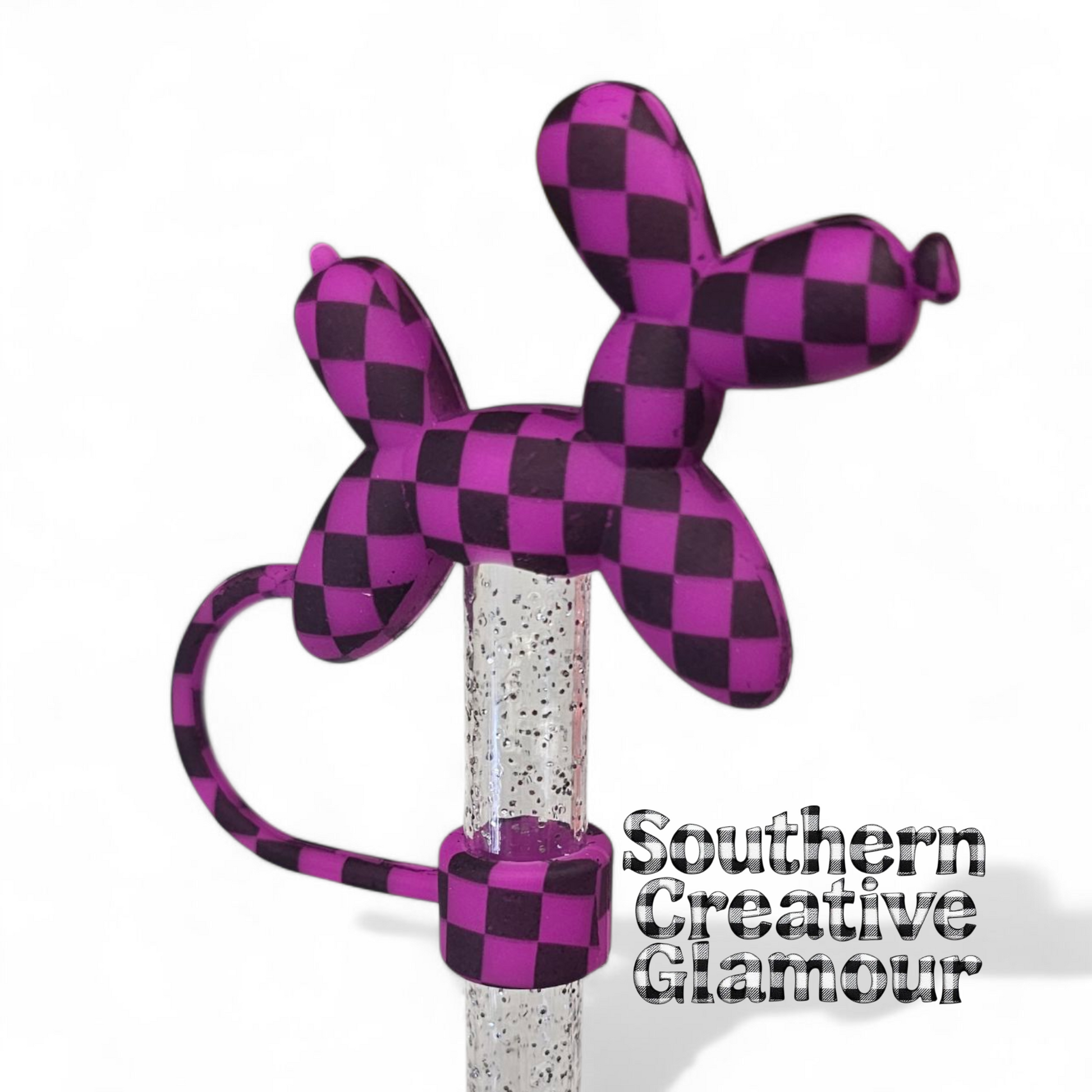 Purple Galaxy Checkers Balloon Dog 10mm Straw Topper by Southern Creative Glamour 
