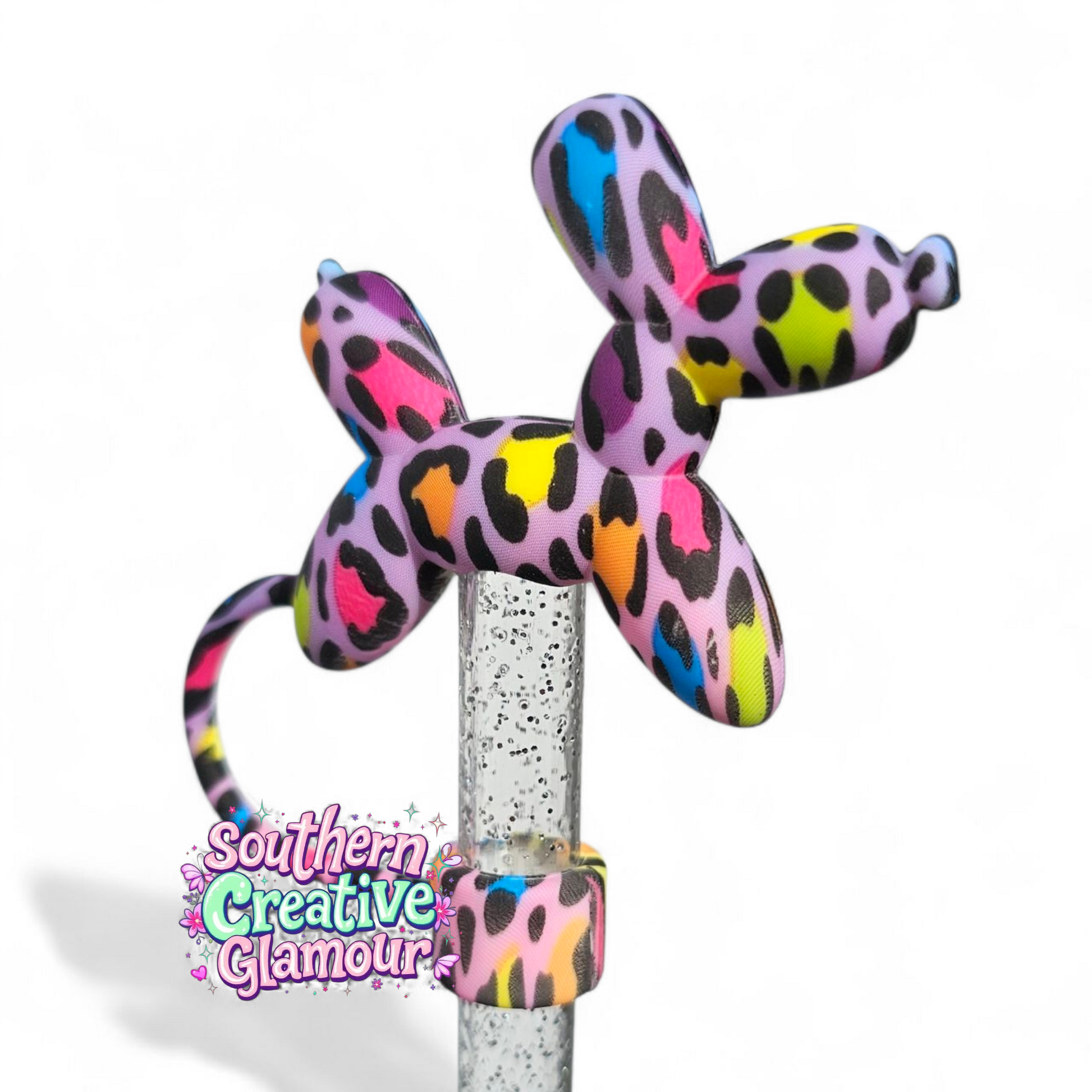 Rainbow Leopard 3D Balloon Dog Silicone 10mm Straw Topper by Southern Creative Glamour 