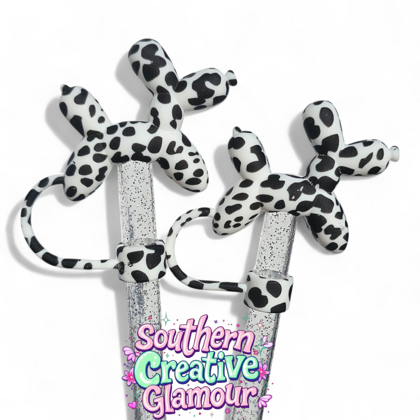 Black and White Cow Print Balloon Dog 10mm Straw Topper by Southern Creative Glamour 