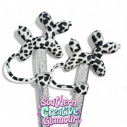Black and White Cow Print Balloon Dog 10mm Straw Topper by Southern Creative Glamour 