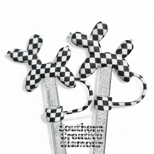 Black and White Galaxy Checkers Balloon Dog 10mm Straw Topper