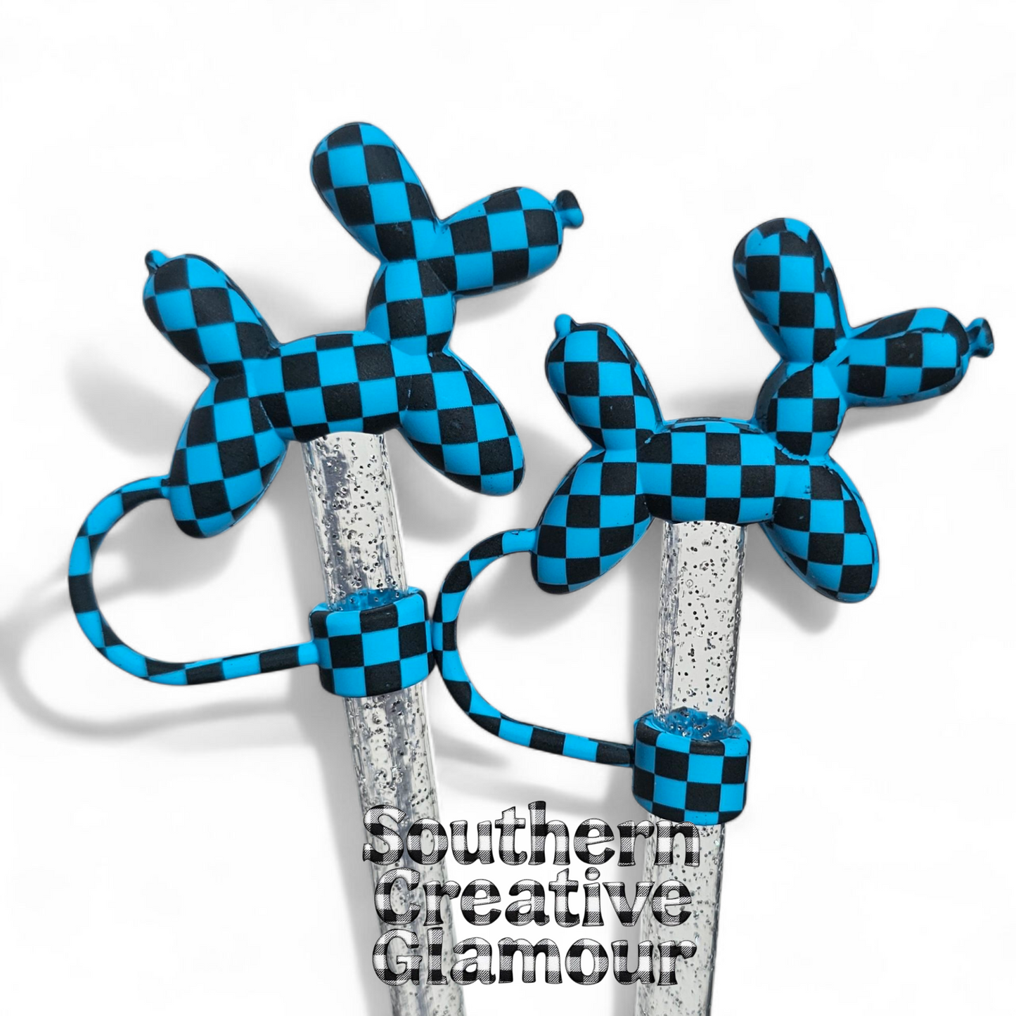 Blue and Black Galaxy Checkers Balloon Dog 10mm Straw Topper