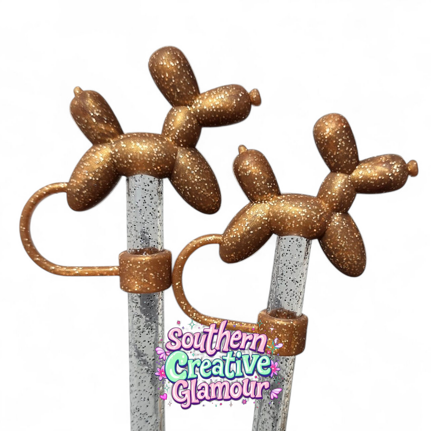 Bronze Glitter 3D Balloon Dog Silicone 10mm Straw Topper by Southern Creative Glamour 