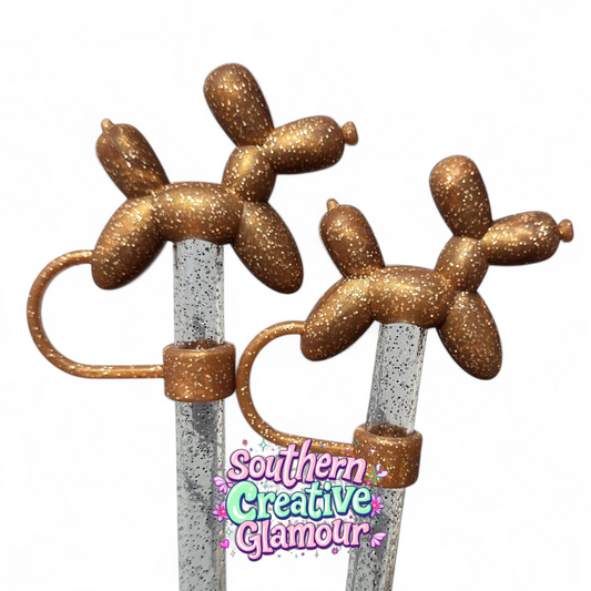 Bronze Glitter 3D Balloon Dog Silicone 10mm Straw Topper by Southern Creative Glamour 