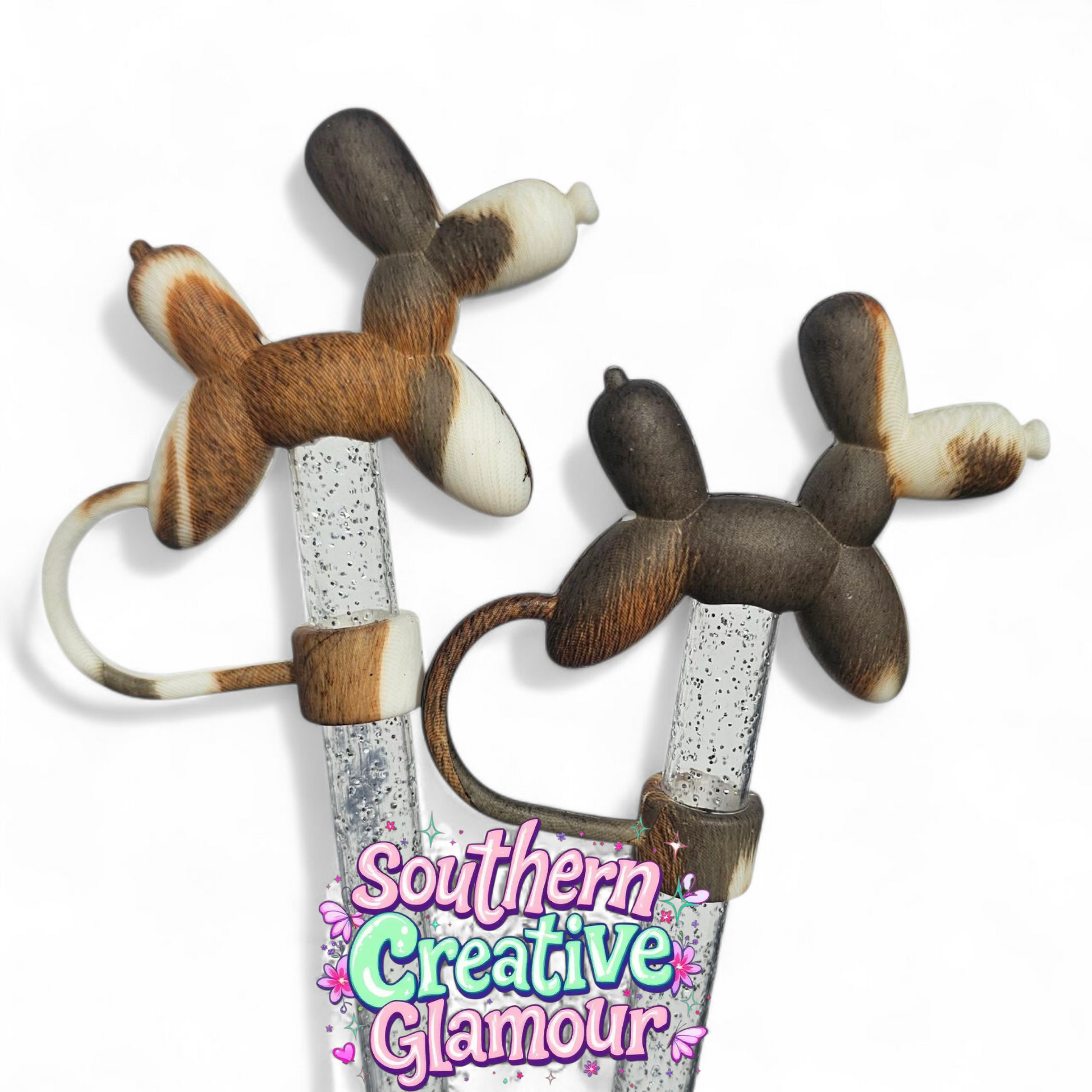 Brown and white cow print 3D Balloon Dogs 10mm Silicone Straw Topper by Southern Creative Glamour 