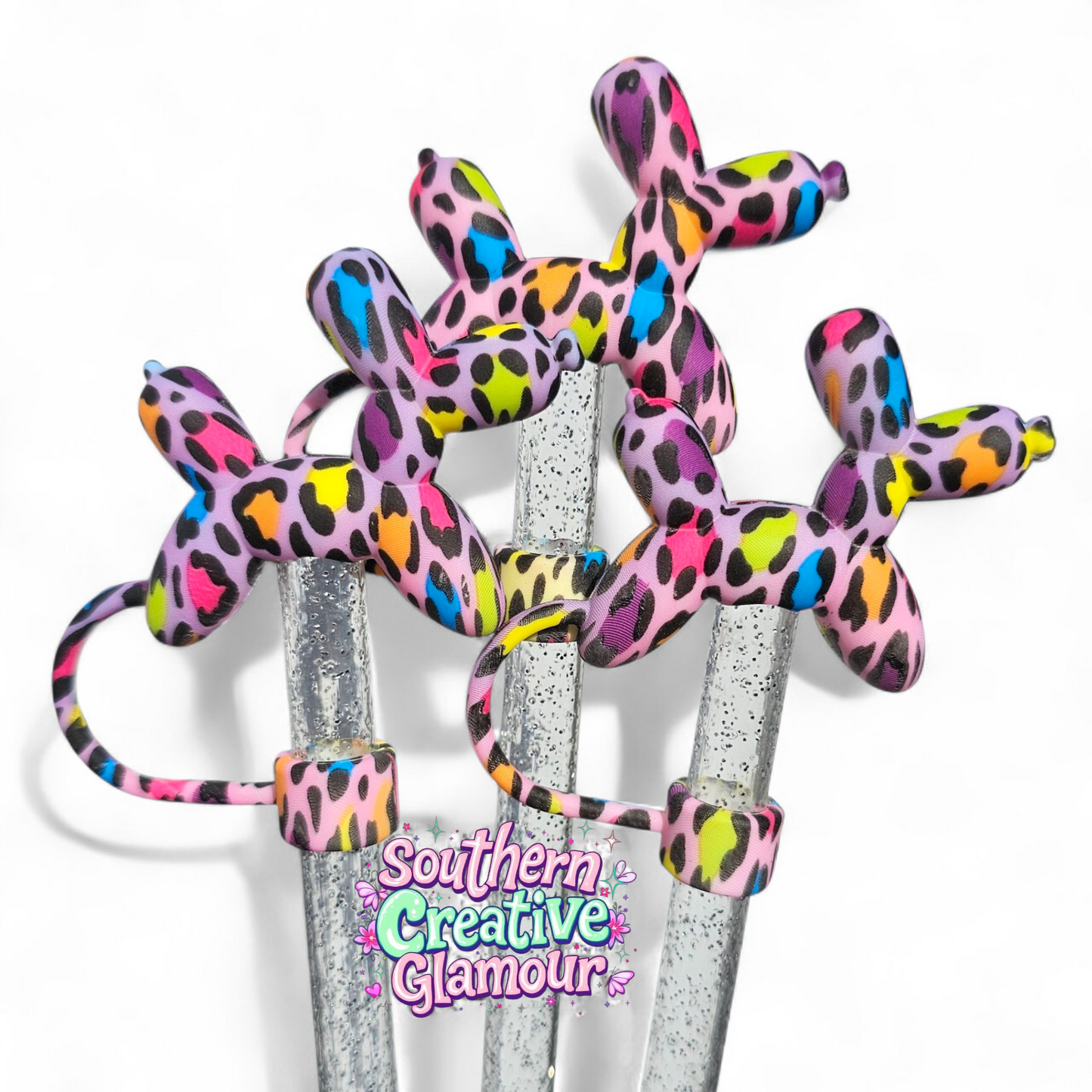 Rainbow Leopard 3D Balloon Dog Silicone 10mm Straw Topper by Southern Creative Glamour 