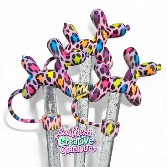 Rainbow Leopard 3D Balloon Dog Silicone 10mm Straw Topper by Southern Creative Glamour 
