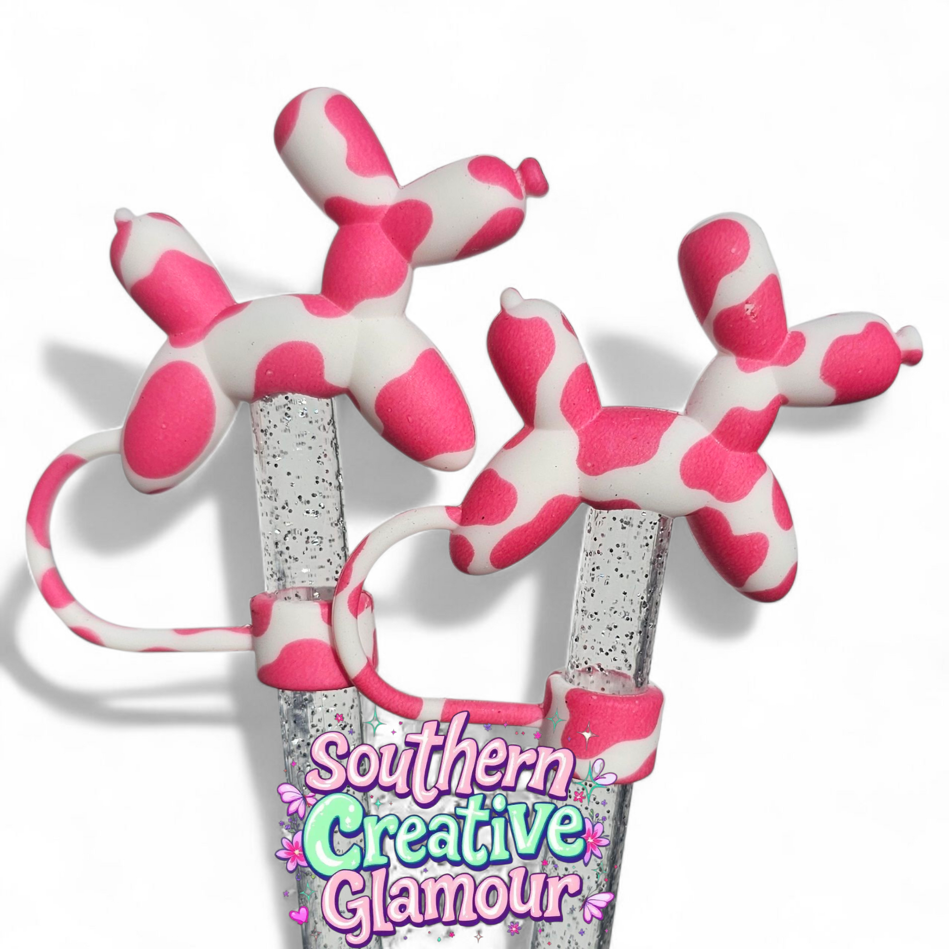 Pink Cow Print Balloon Dog 10mm Straw Topper by Southern Creative Glamour 