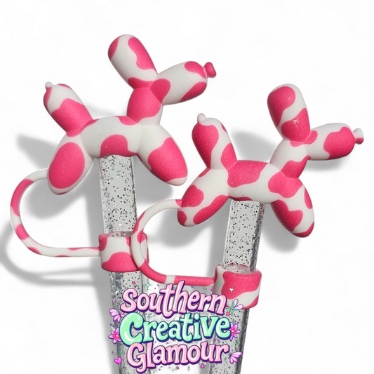 Pink Cow Print Balloon Dog 10mm Straw Topper by Southern Creative Glamour 