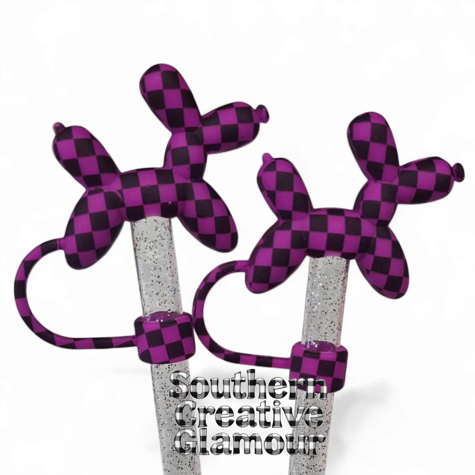 Purple Galaxy Checkers Balloon Dog 10mm Straw Topper by Southern Creative Glamour 