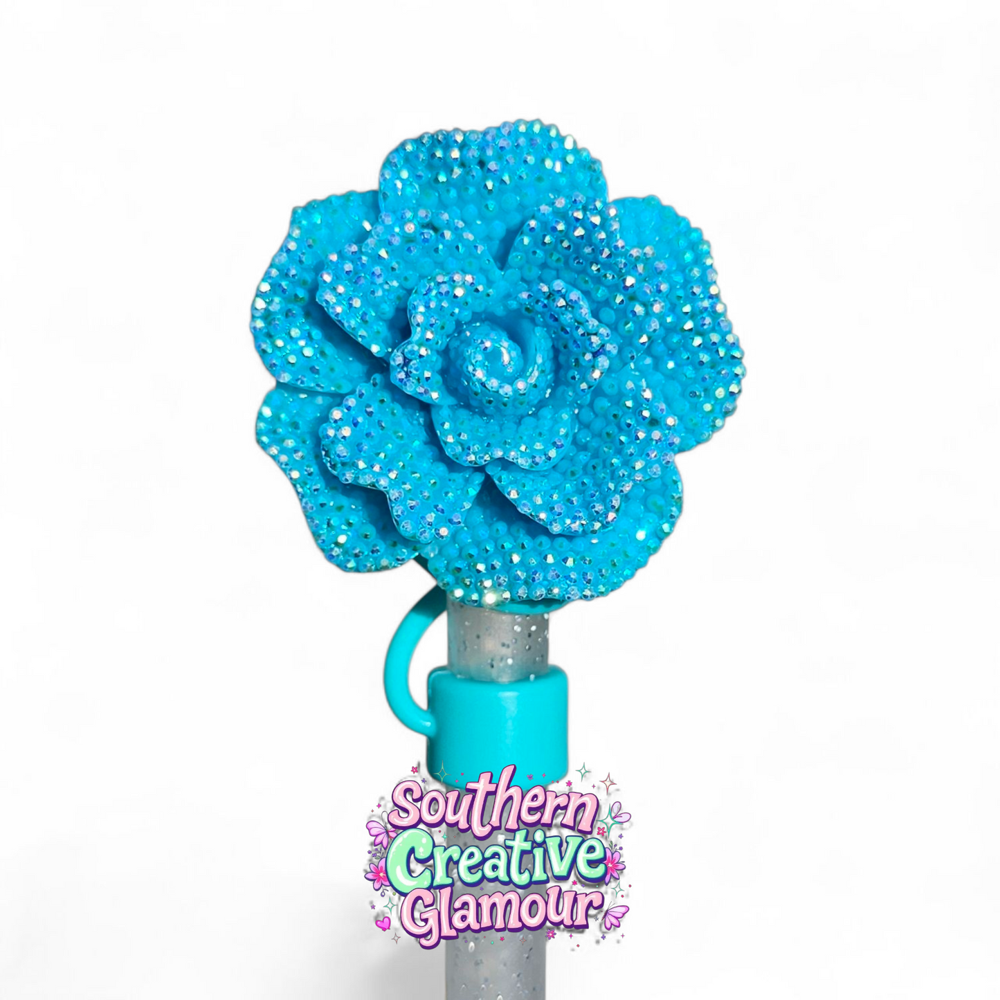 Glitter Rose 10mm Straw Topper - Teal Green - Teal Blue Silicone Straw Topper Base by Southern Creative Glamour 