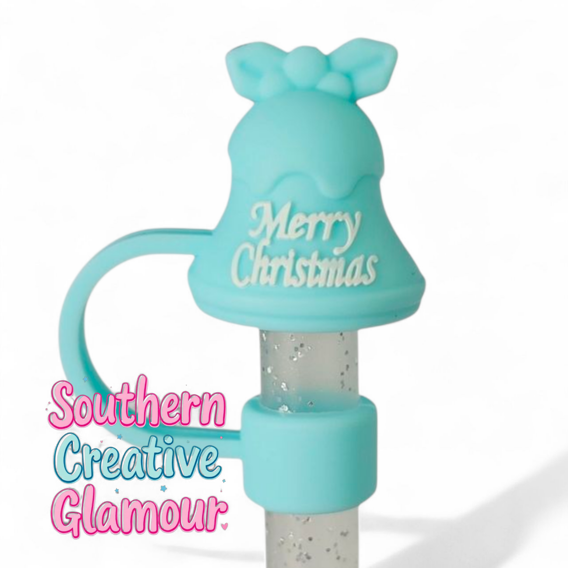 Teal Blue Merry Christmas Jingle Bell 3D Silicone 10mm Straw Topper by Southern Creative Glamour 