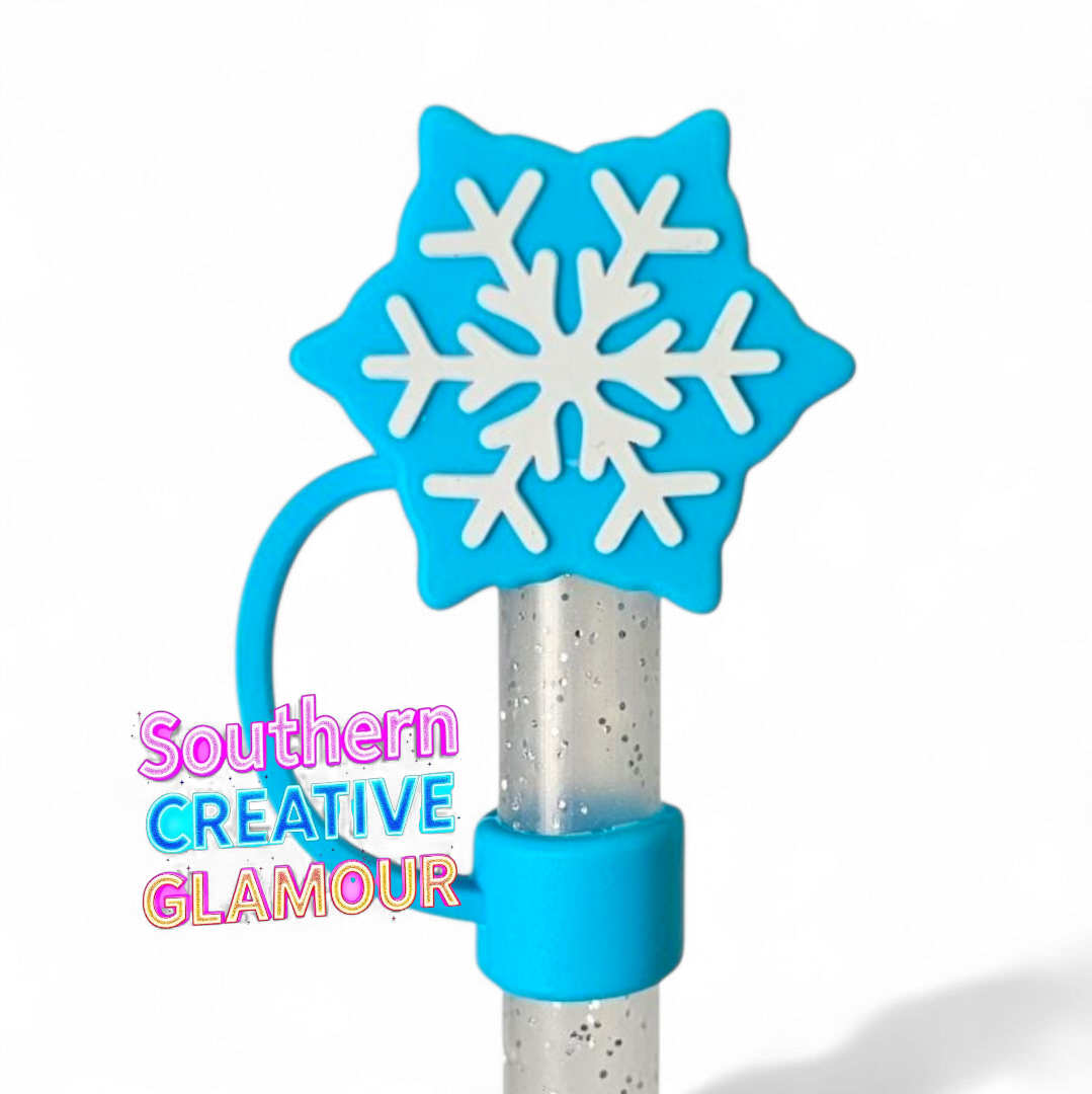 Teal Blue 3D Snowflake Silicone 10mm Straw Topper by Southern Creative Glamour 