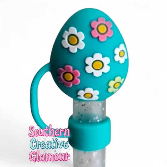 Teal Green Daisy Easter Egg 10mm Silicone Straw Topper | Straw Cover by Southern Creative Glamour 