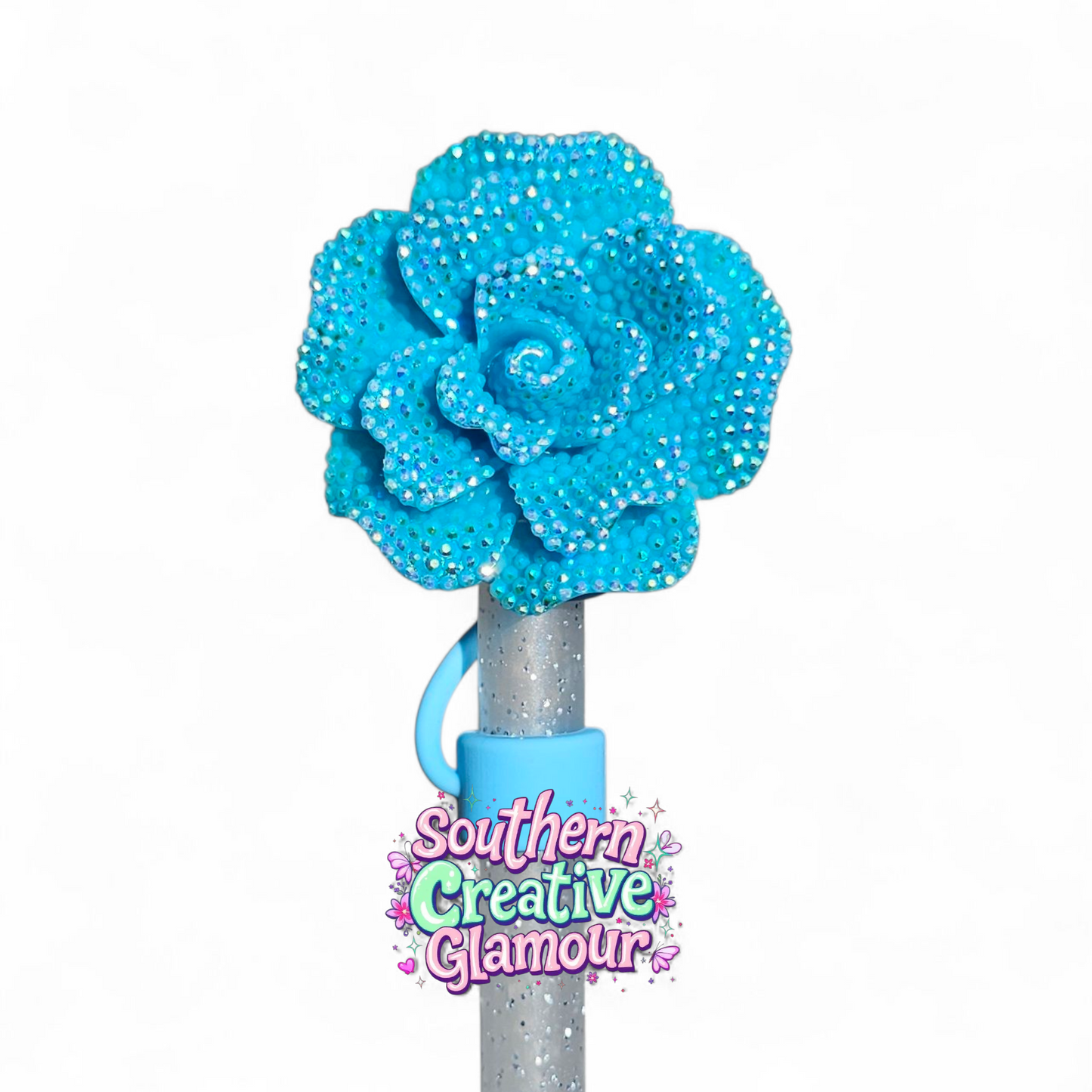 Glitter Rose 10mm Straw Topper - Teal Blue - Teal Blue Silicone Straw Topper Base by Southern Creative Glamour 