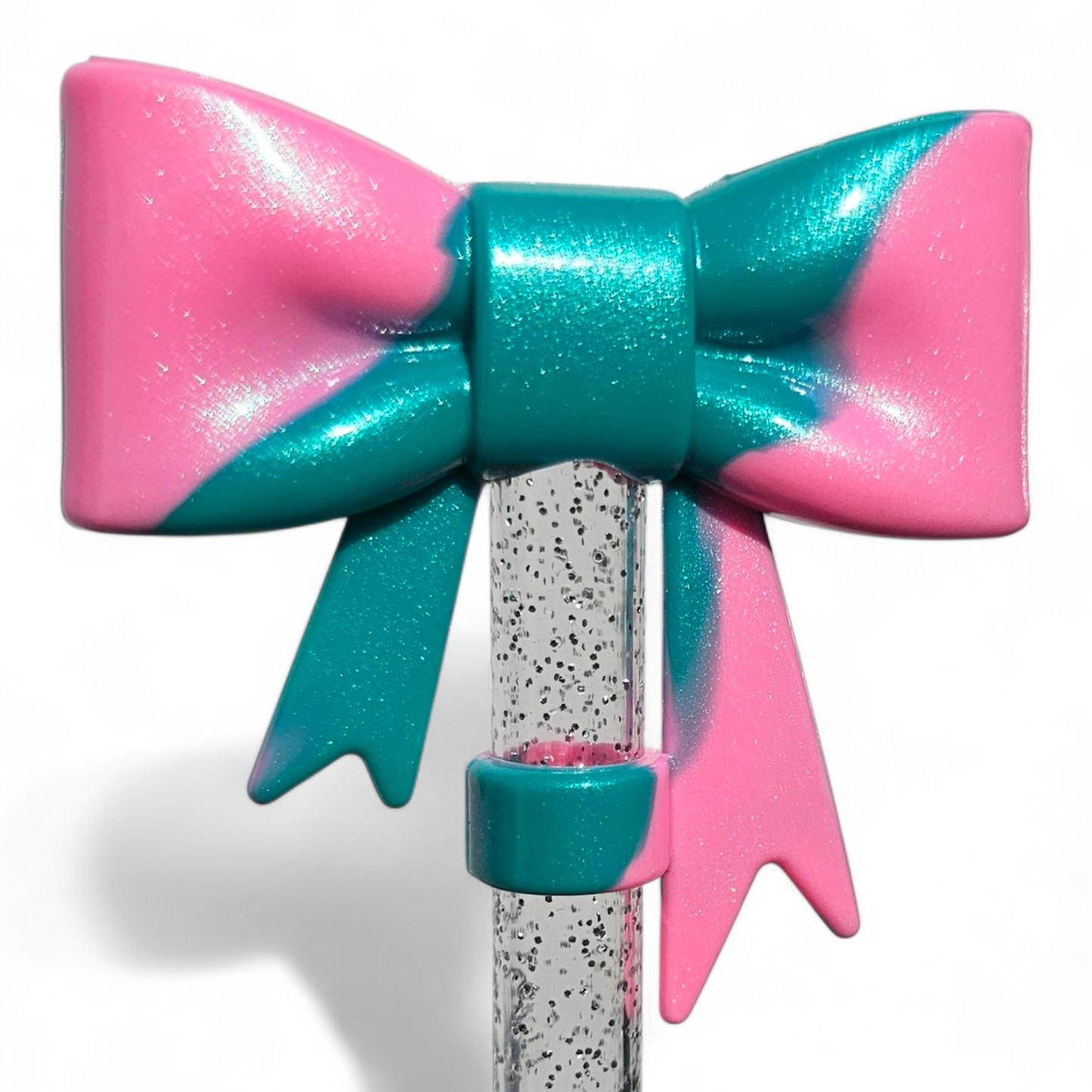 Tiffany Pink Shimmer 3D Bow Silicone Straw Topper | Fits 10mm Straws