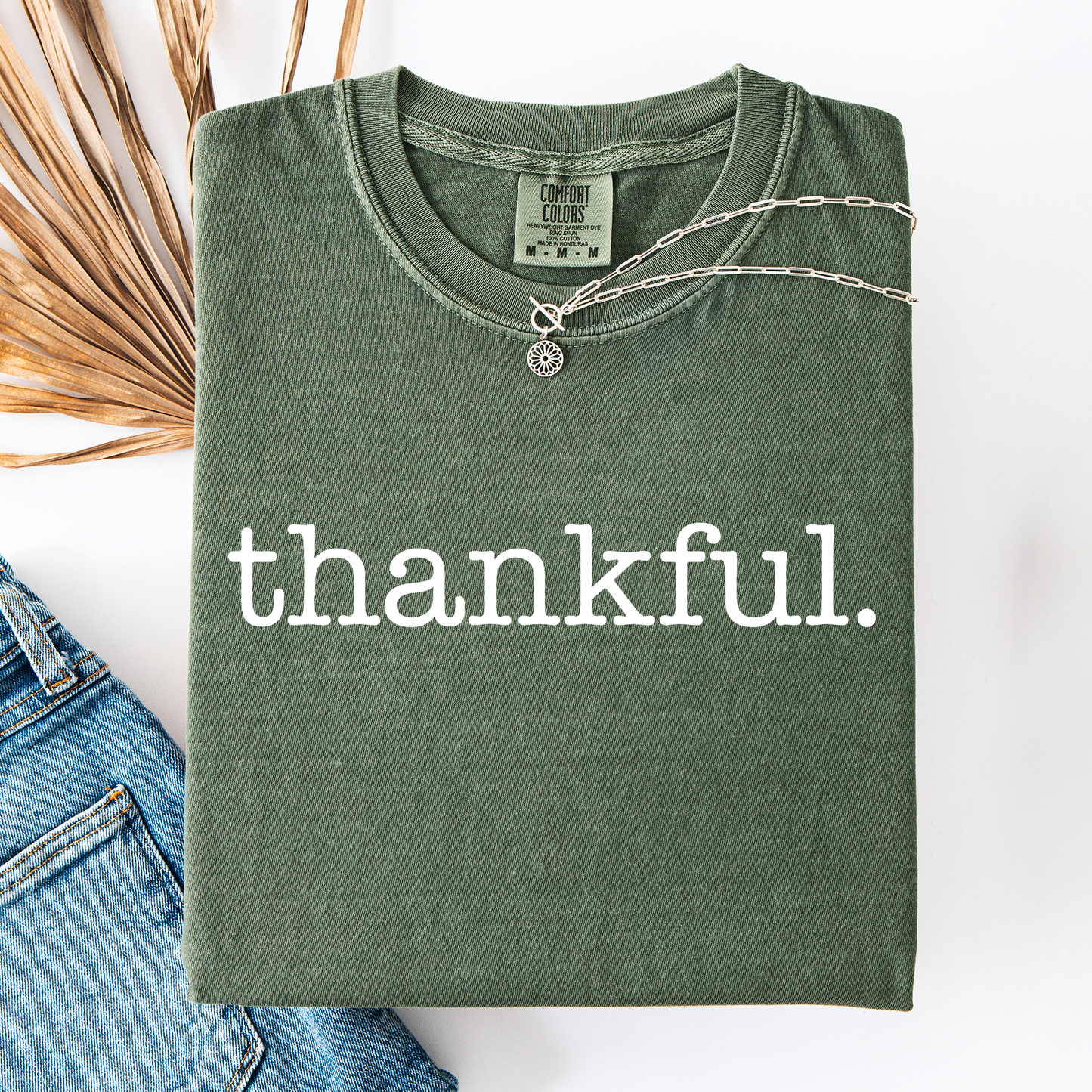 Moss green Thankful, Minimalist, Thanksgiving, Autumn, Fall, Comfort Colors T-Shirt