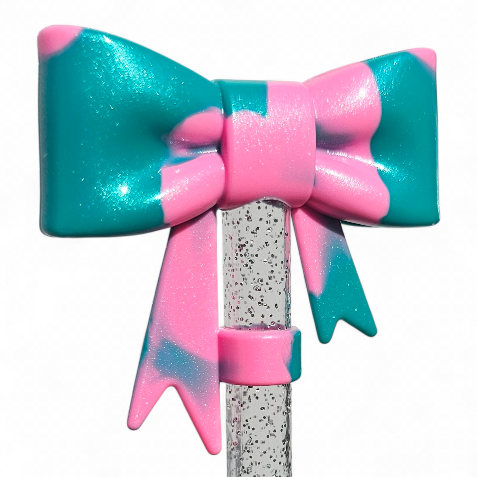 Tiffany Pink Shimmer 3D Bow Silicone Straw Topper | Fits 10mm Straws
