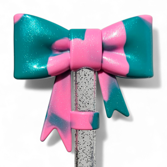 Tiffany Pink Shimmer 3D Bow Silicone Straw Topper | Fits 10mm Straws