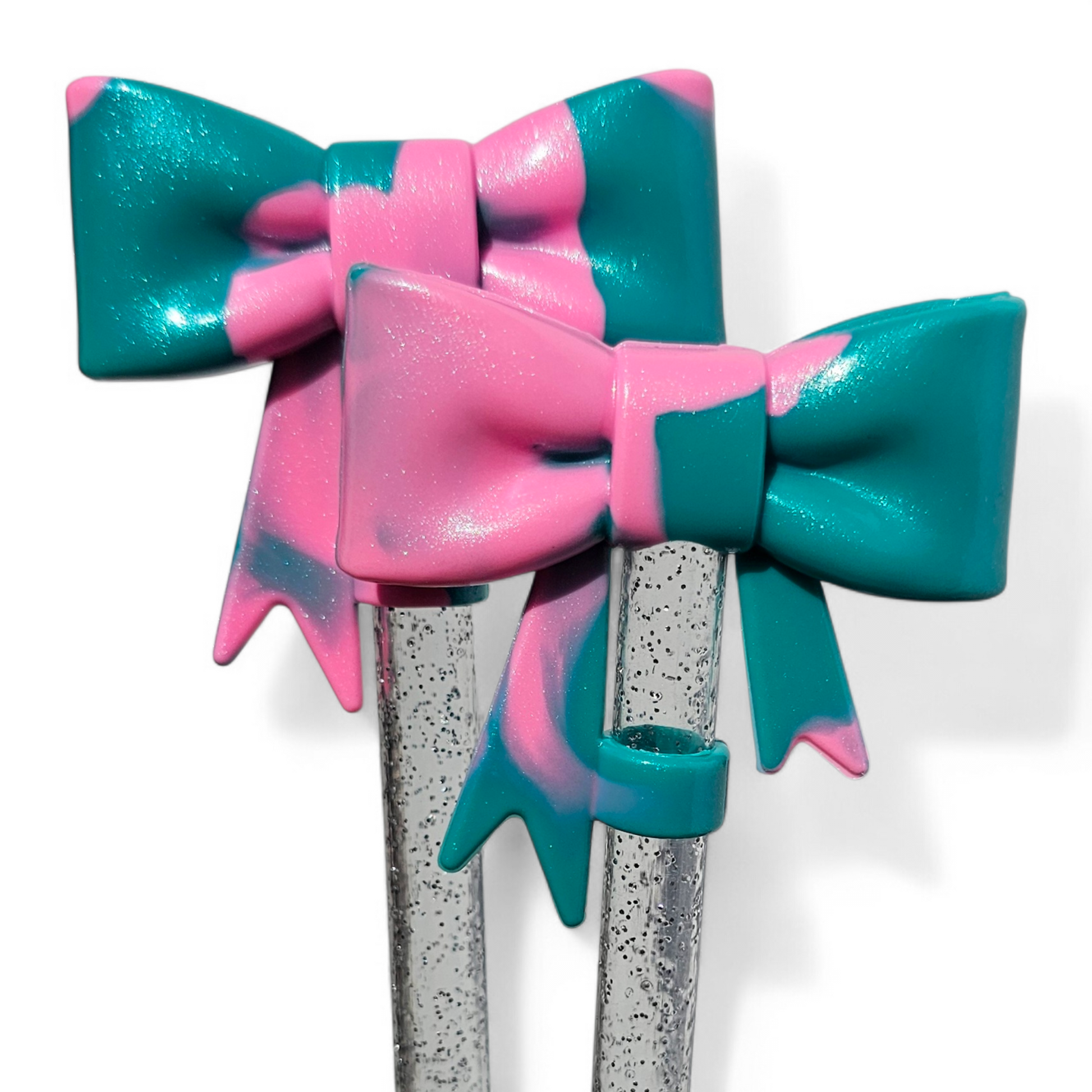 Tiffany Pink Shimmer 3D Bow Silicone Straw Topper | Fits 10mm Straws