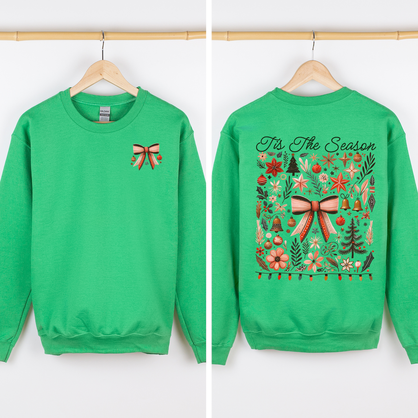 Bright Green Tis the Season, Christmas, Ribbons, Front and Back, Santa Sweatshirt