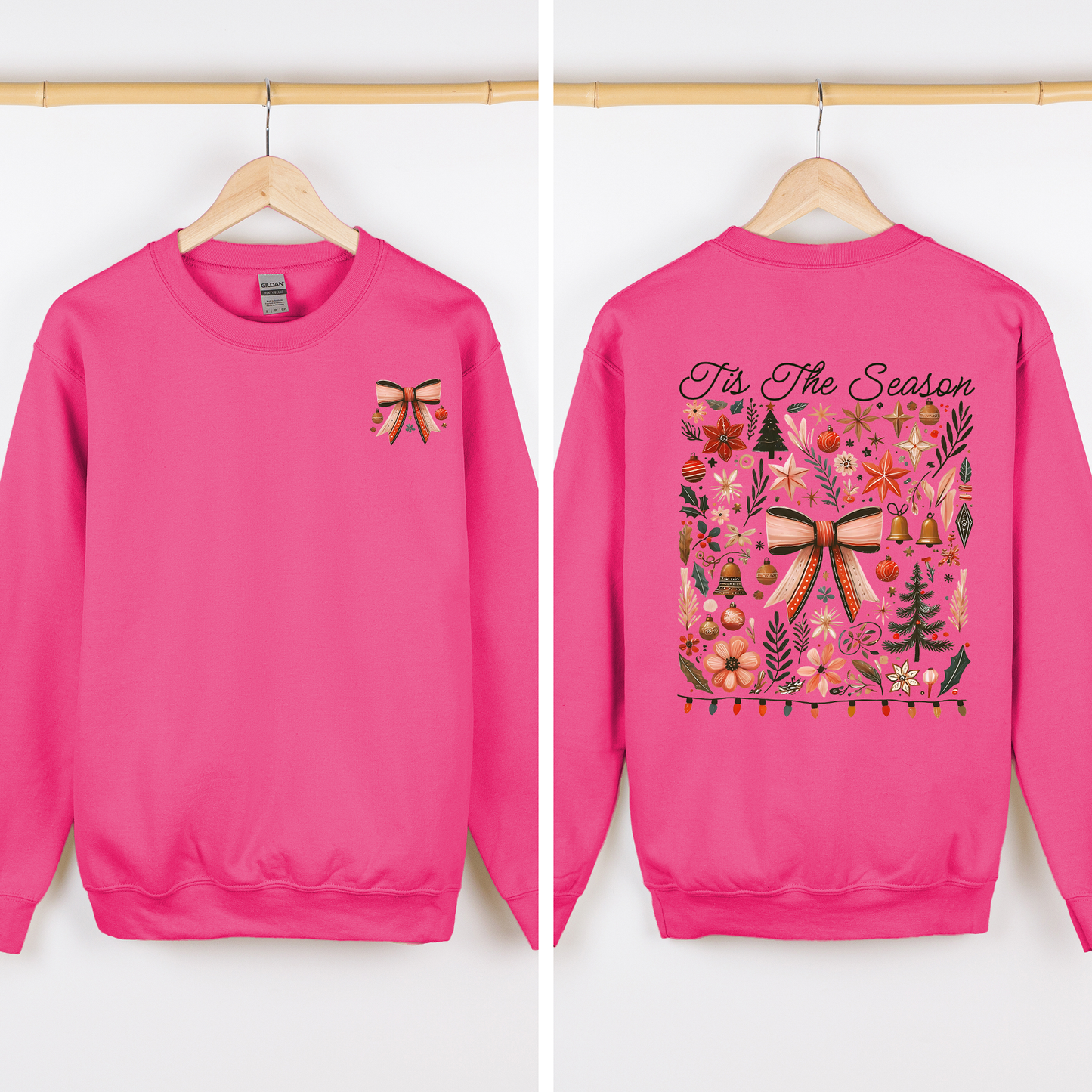 Bright Pink Tis the Season, Christmas, Ribbons, Front and Back, Santa Sweatshirt