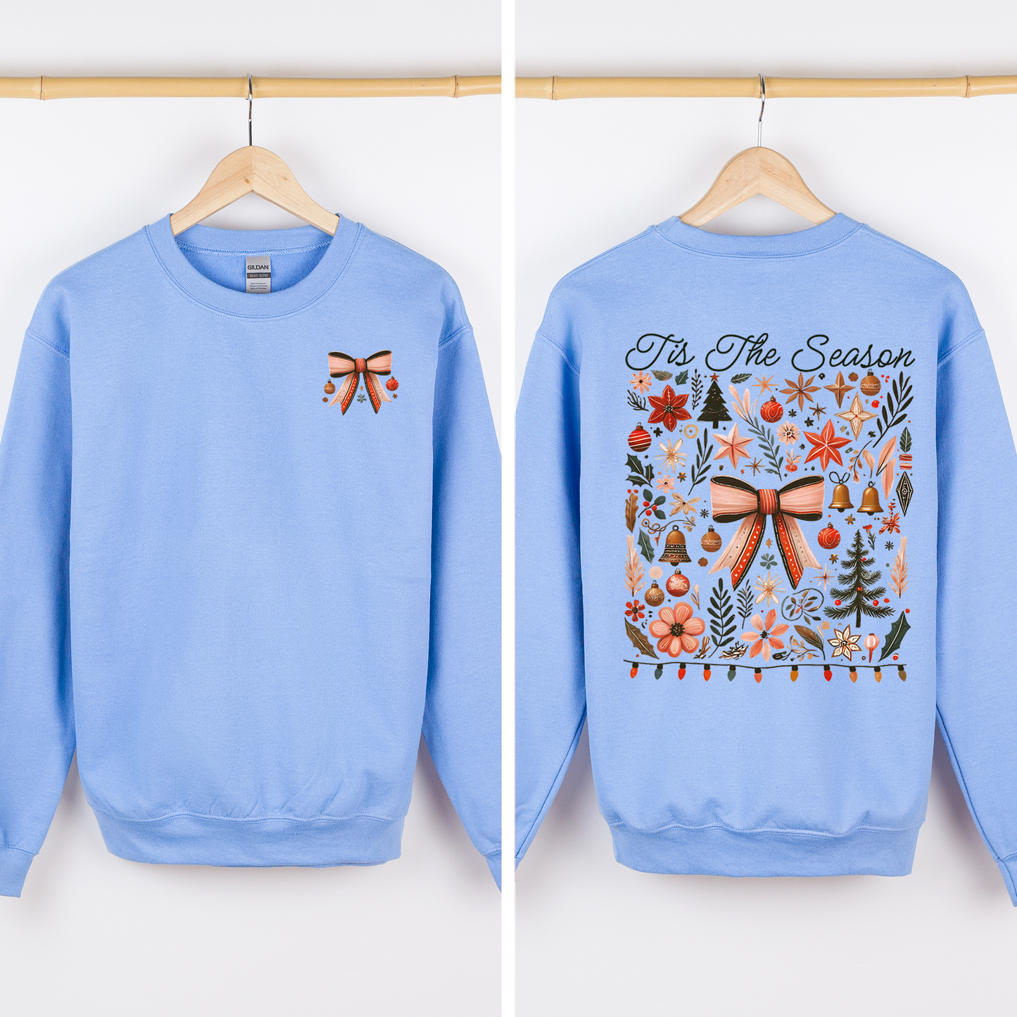 Carolina blue Tis the Season, Christmas, Ribbons, Front and Back, Santa Sweatshirt