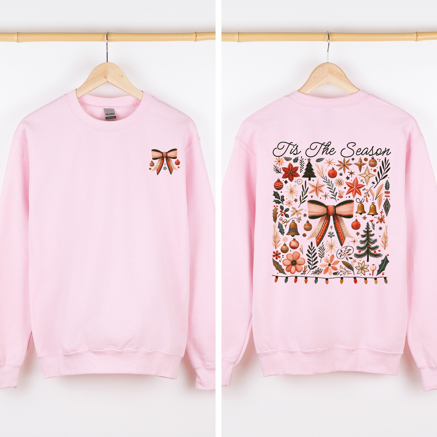 Light Pink Tis the Season, Christmas, Ribbons, Front and Back, Santa Sweatshirt