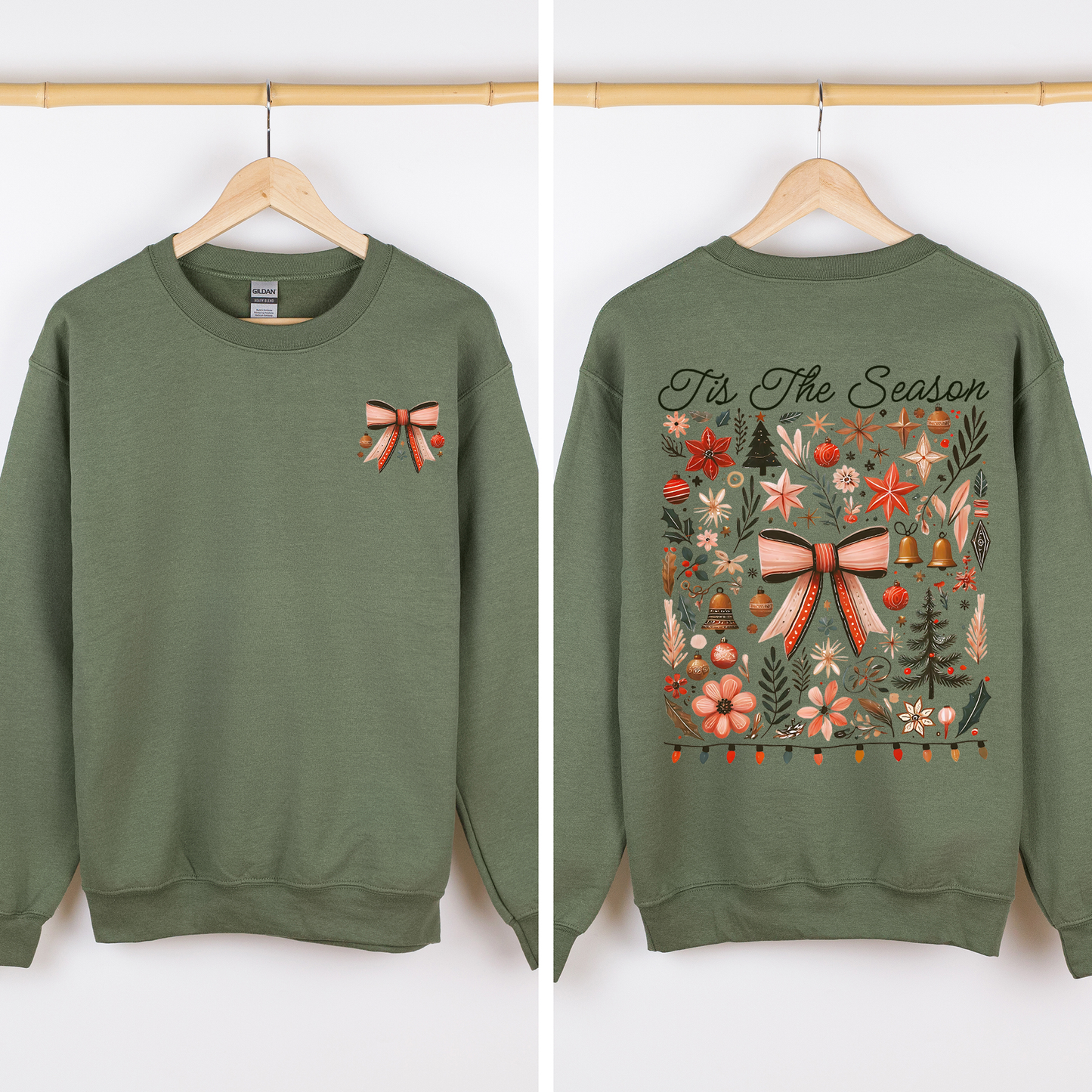 Military green Tis the Season, Christmas, Ribbons, Front and Back, Santa Sweatshirt