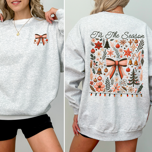 Light Ash Gray Tis the Season, Christmas, Ribbons, Front and Back, Santa Sweatshirt