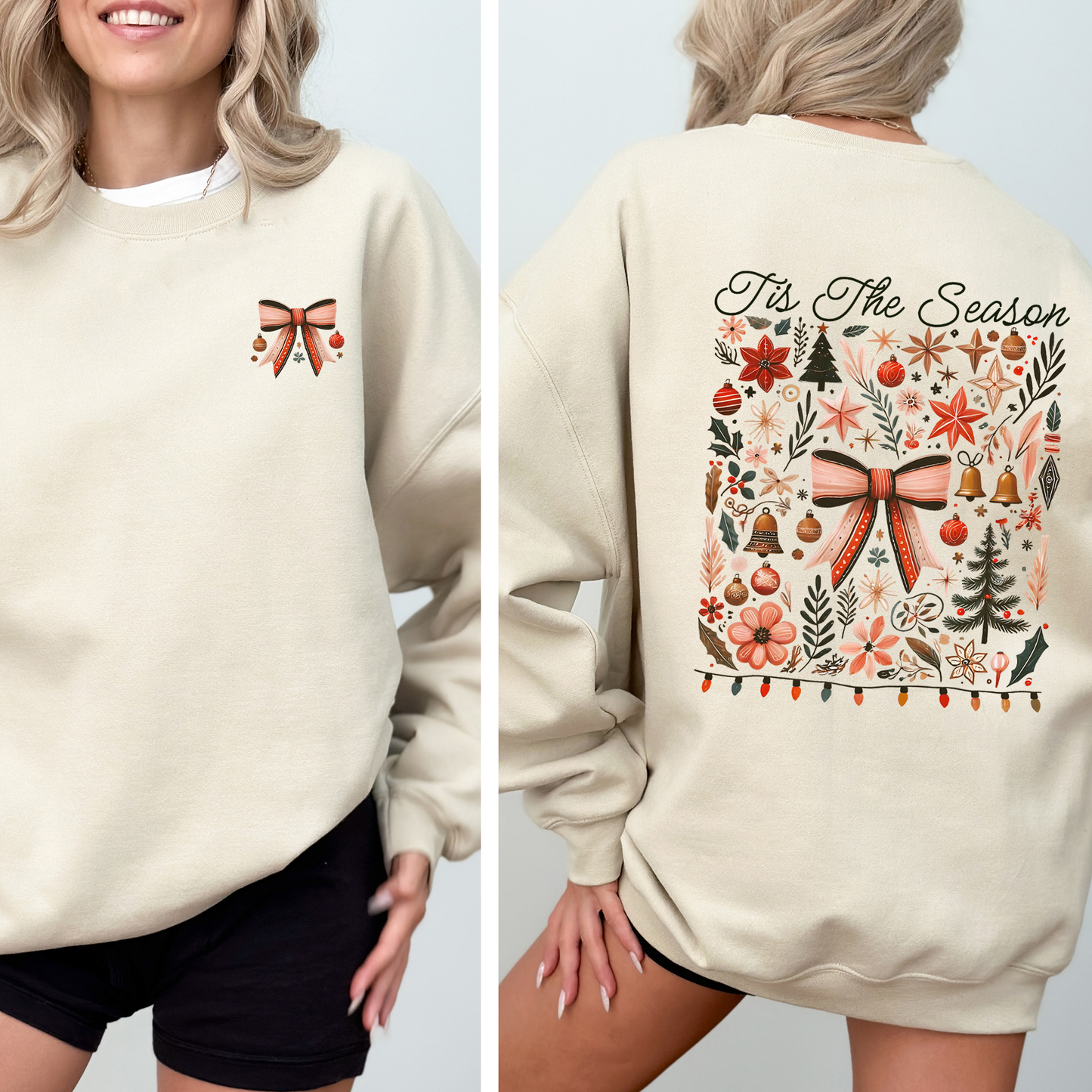Cream Tis the Season, Christmas, Ribbons, Front and Back, Santa Sweatshirt