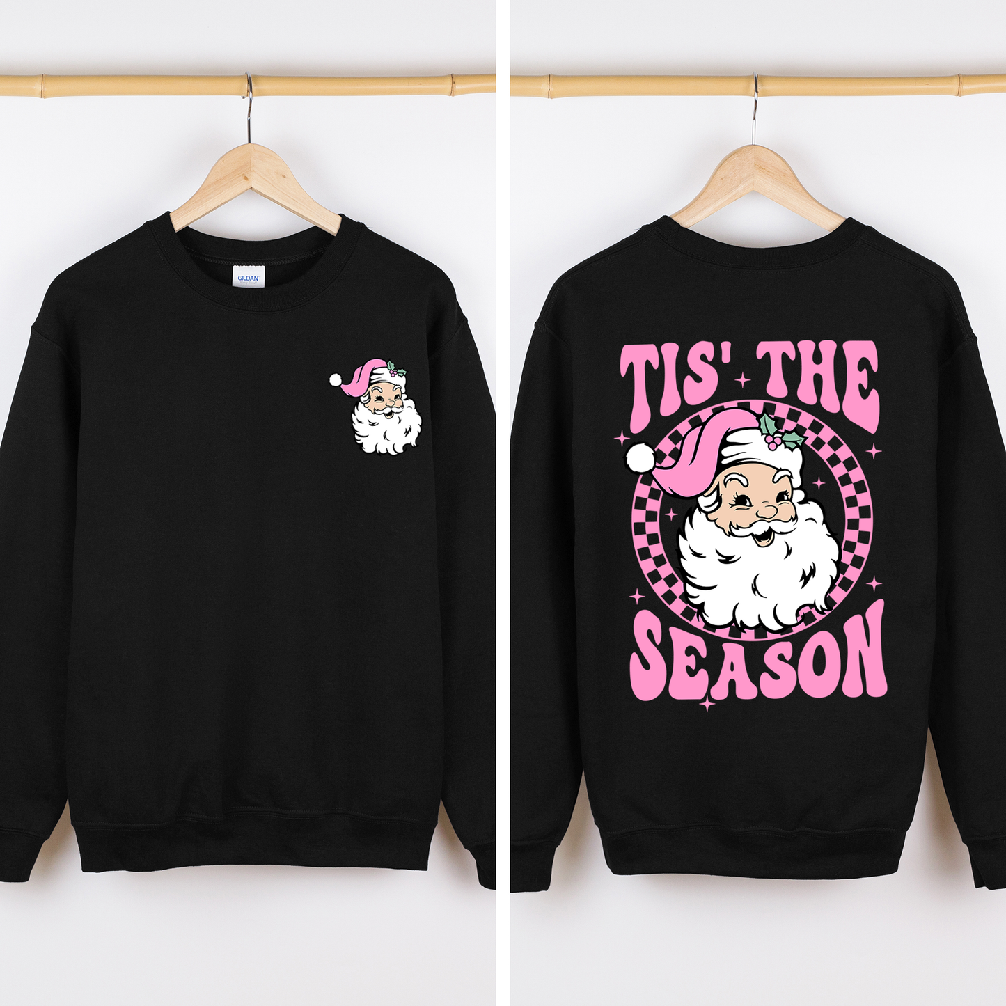 Black Tis The Season, Retro Santa, Pink, Checkered, Christmas, Front and Back Sweatshirt