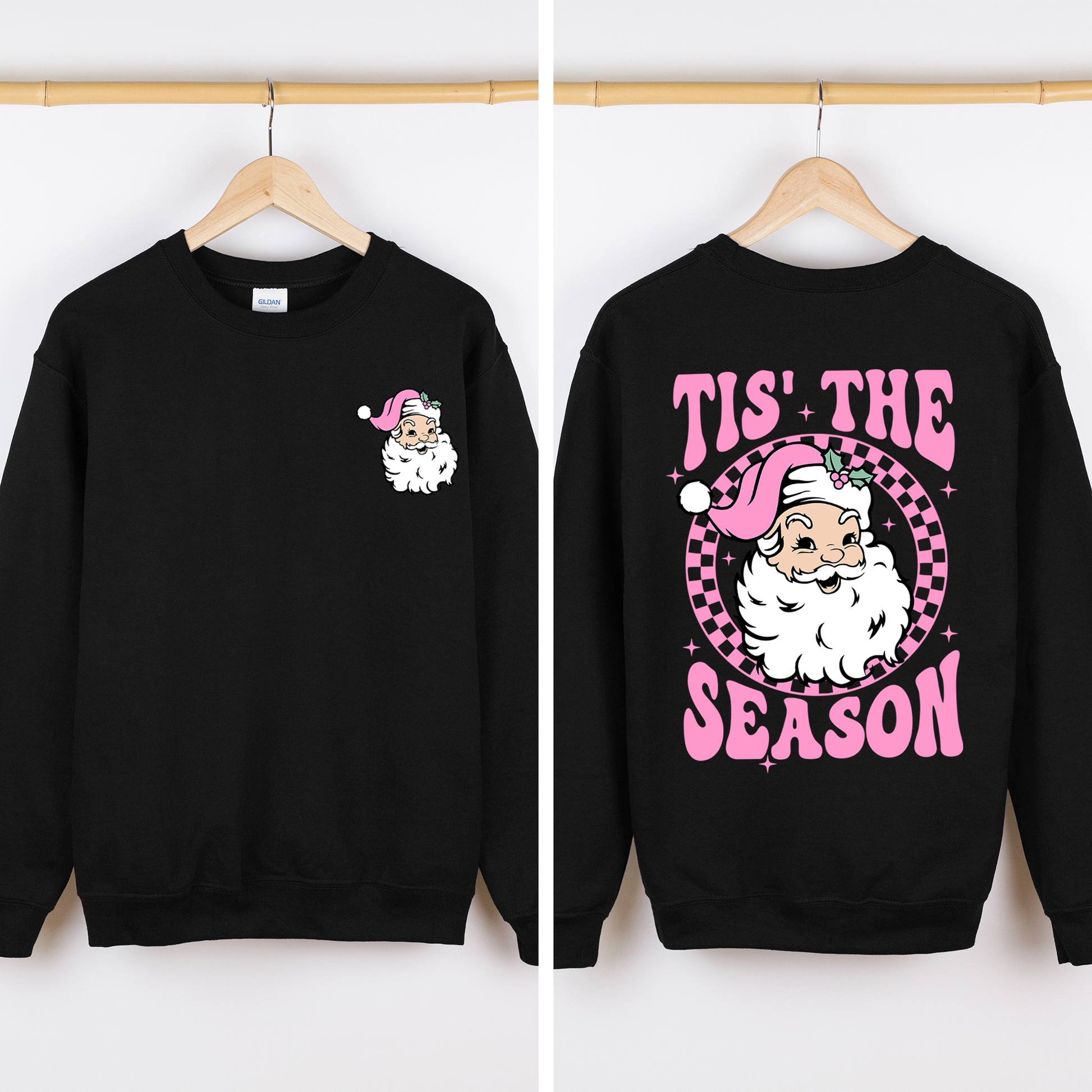 Black Tis The Season, Retro Santa, Pink, Checkered, Christmas, Front and Back Sweatshirt