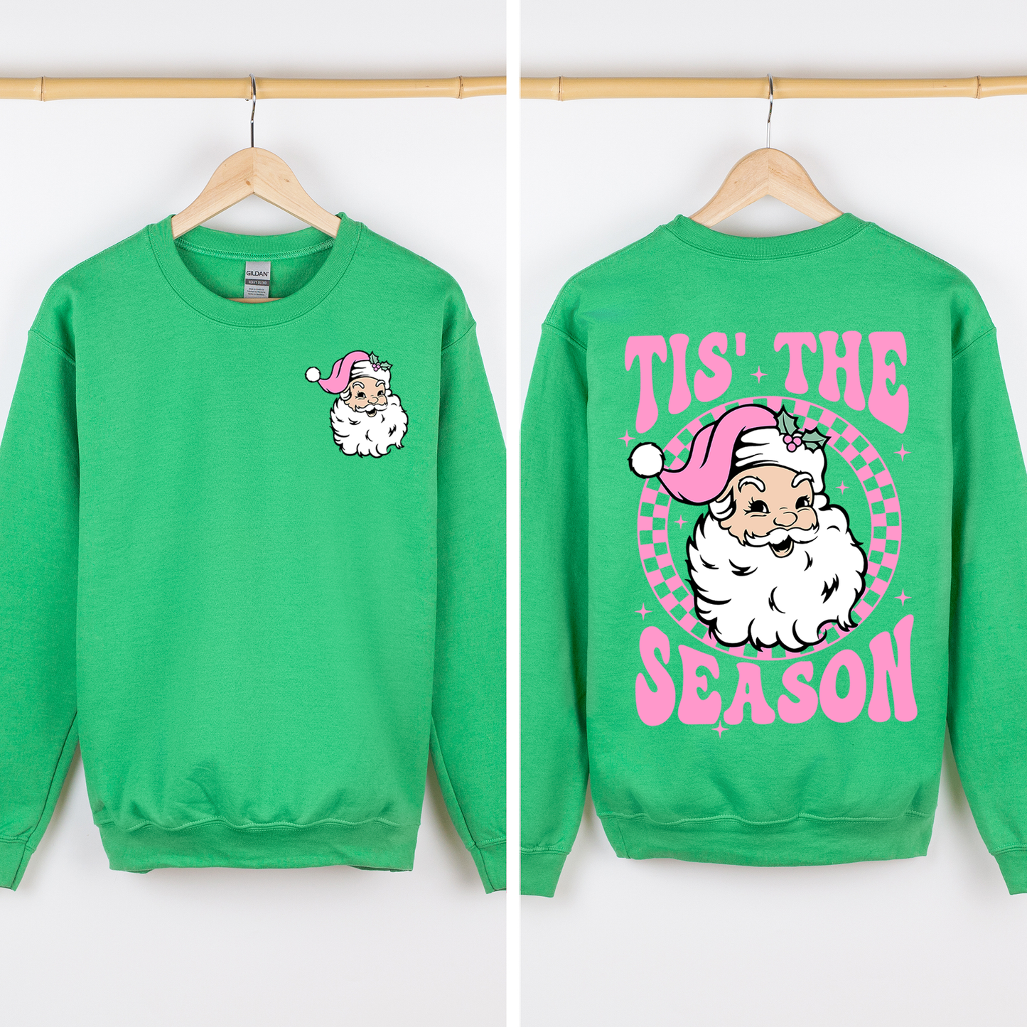 Bright Green Tis The Season, Retro Santa, Pink, Checkered, Christmas, Front and Back Sweatshirt